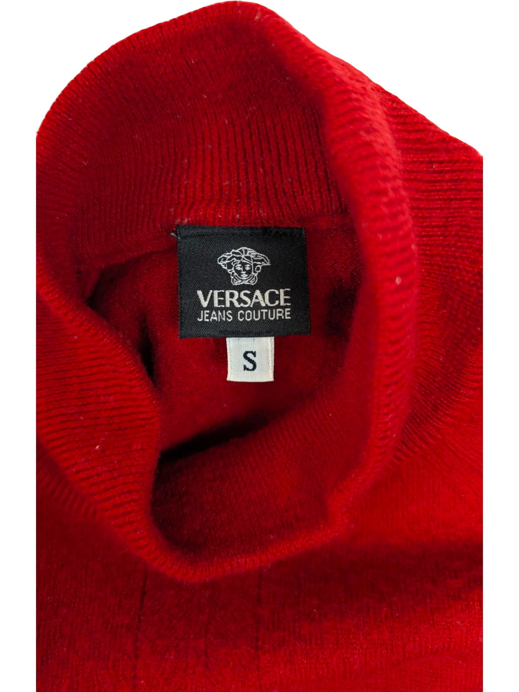JAKE & IPI Vintage Versace Jeans Couture red wool turtleneck sweater, size S, with Medusa logo detail.
