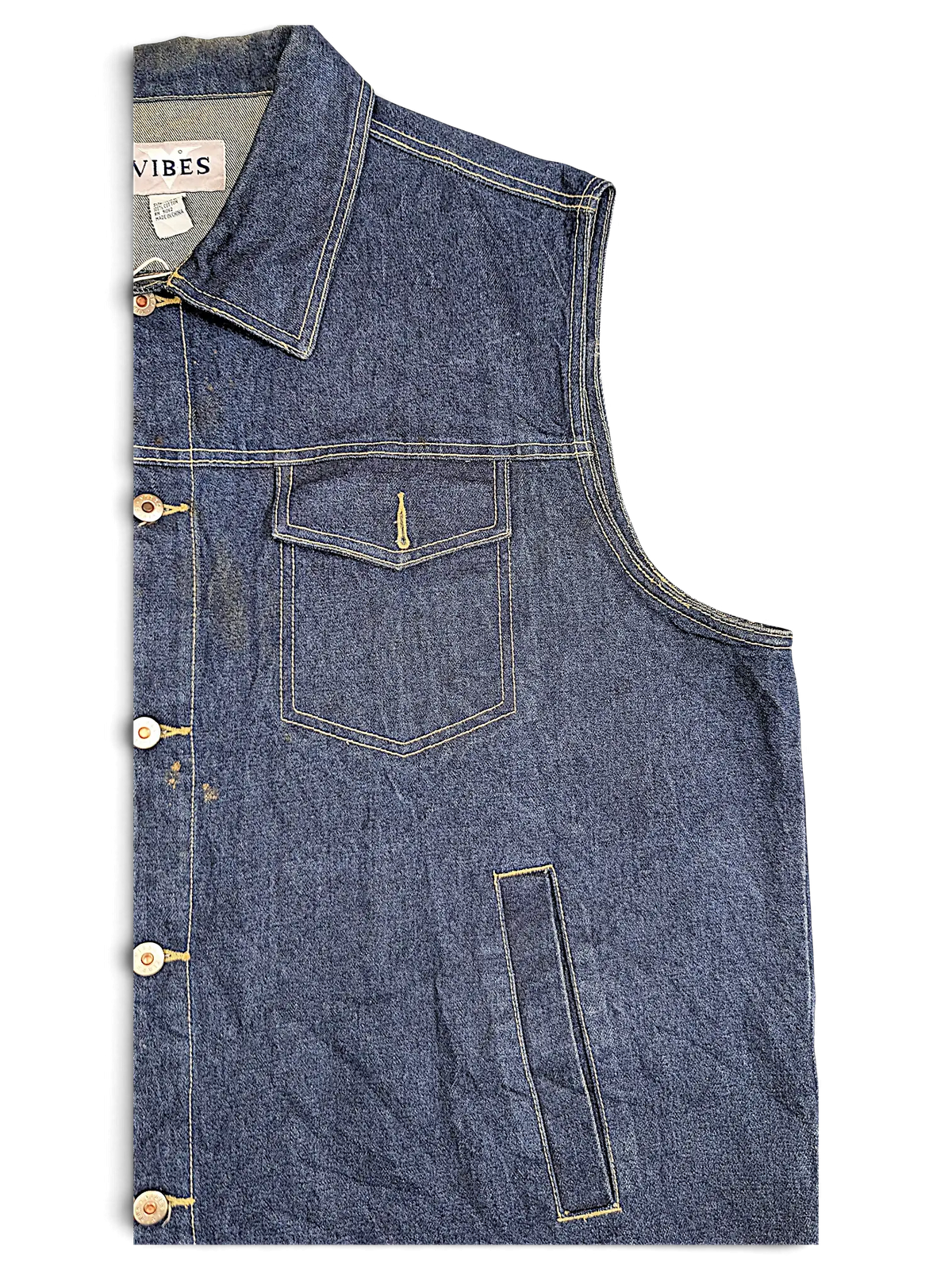 JAKE & IPI Vibes blue denim vest with a chest pocket, collar, and button-up front closure