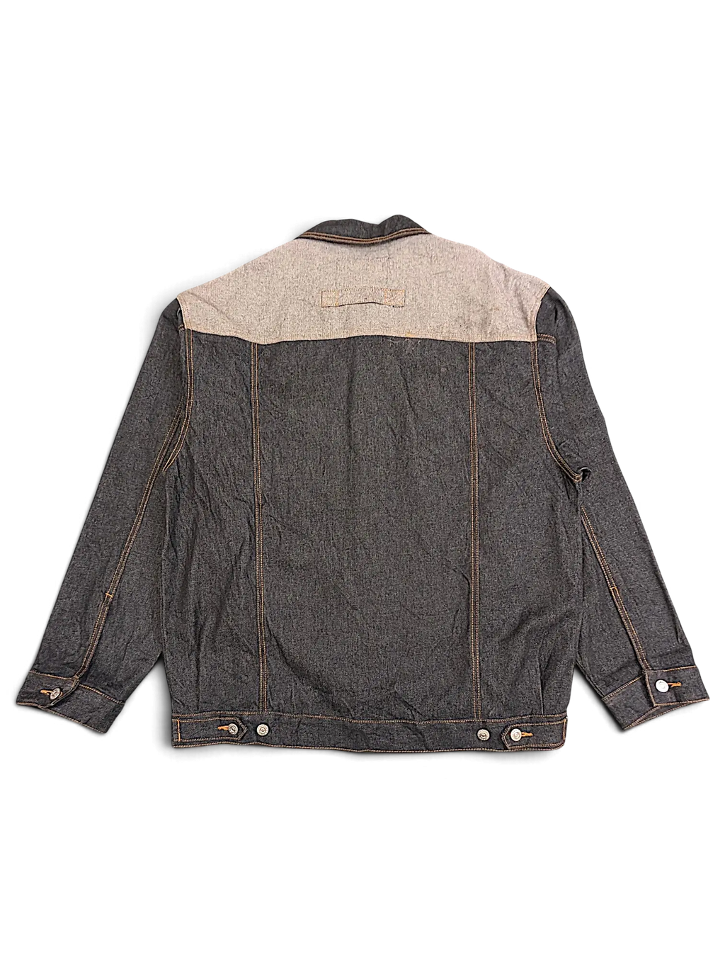 JAKE & IPI VIBES denim jacket in dark grey with a contrasting light grey shoulder panel and orange stitching