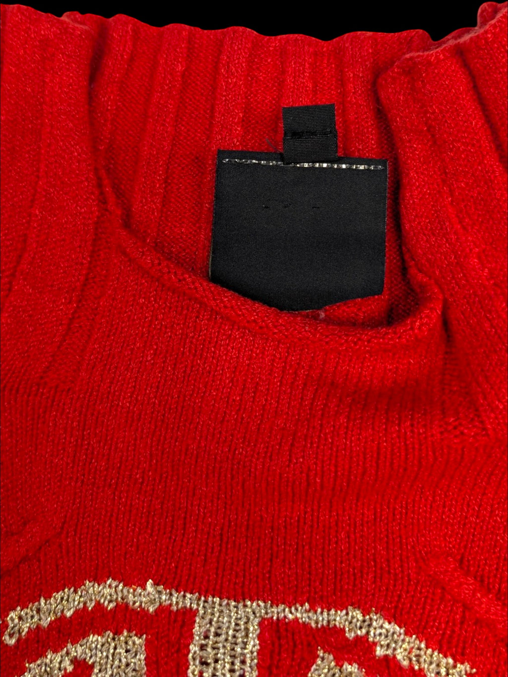 JAKE & IPI vintage red knit top with gold metallic Just Cavalli logo detail on chest and sleeve. Made in Italy.