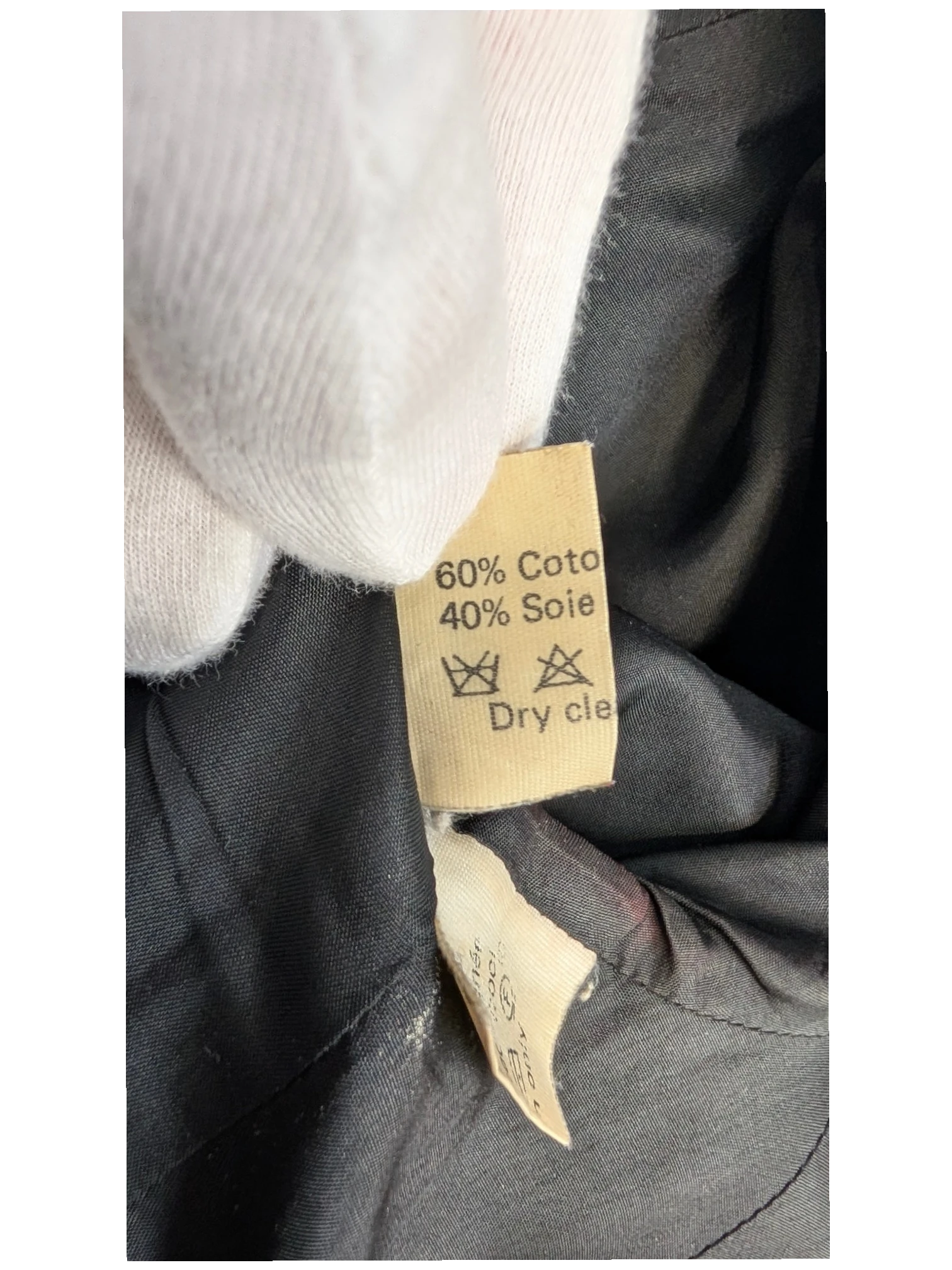 JAKE & IPI vintage black cotton silk structured jacket with satin collar detail and asymmetrical closure, made in France.