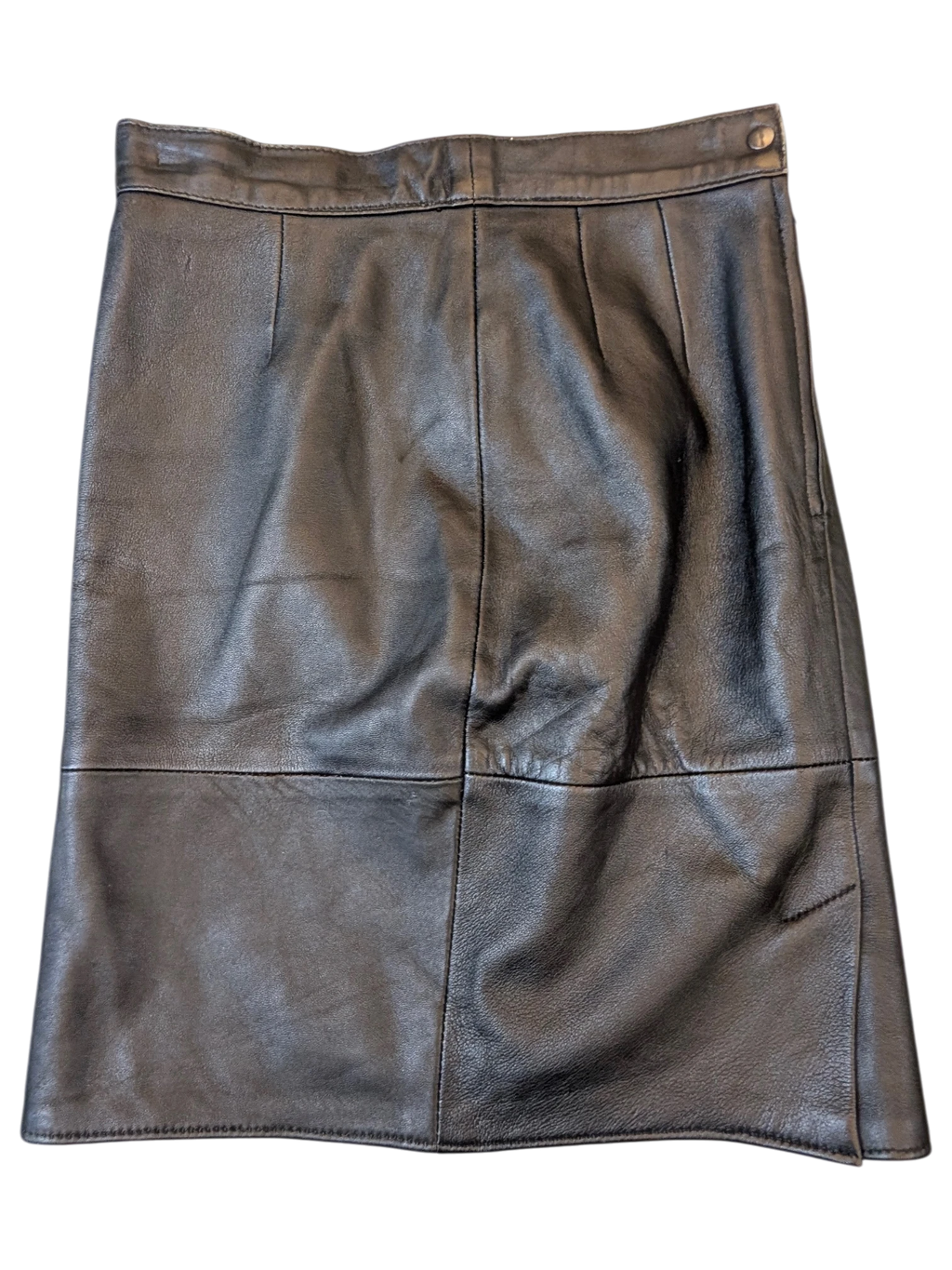 JAKE & IPI Vivien Caron black leather midi skirt with panelled construction and button waist closure.
