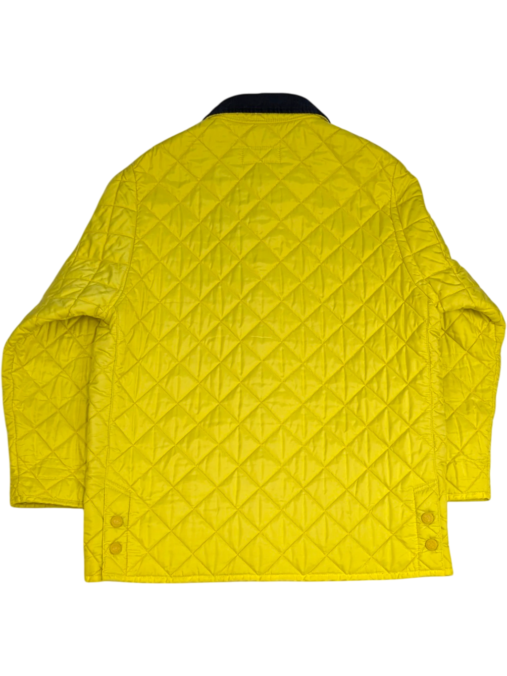JAKE & IPI vintage bright yellow quilted jacket with navy corduroy collar, size L. Diamond-quilted polyester.