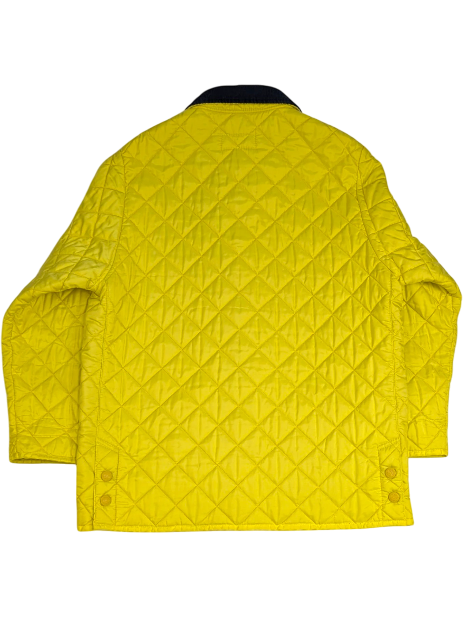 JAKE & IPI vintage bright yellow quilted jacket with navy corduroy collar, size L. Diamond-quilted polyester.
