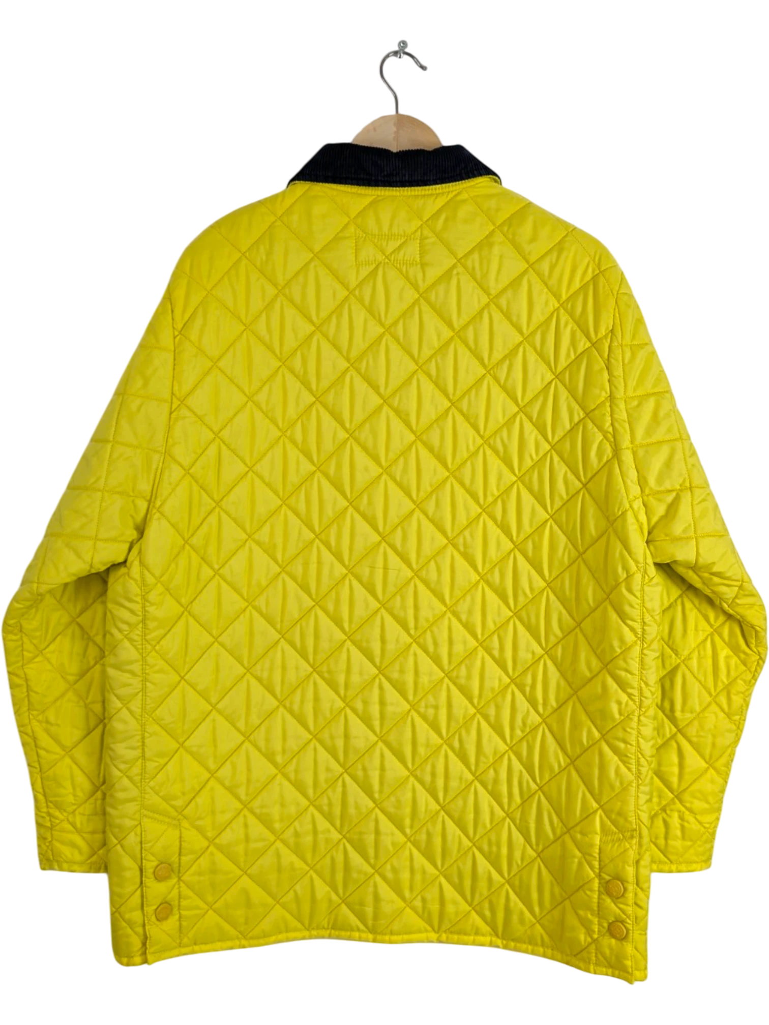 JAKE & IPI bright yellow quilted polyester jacket with navy corduroy collar, size L.