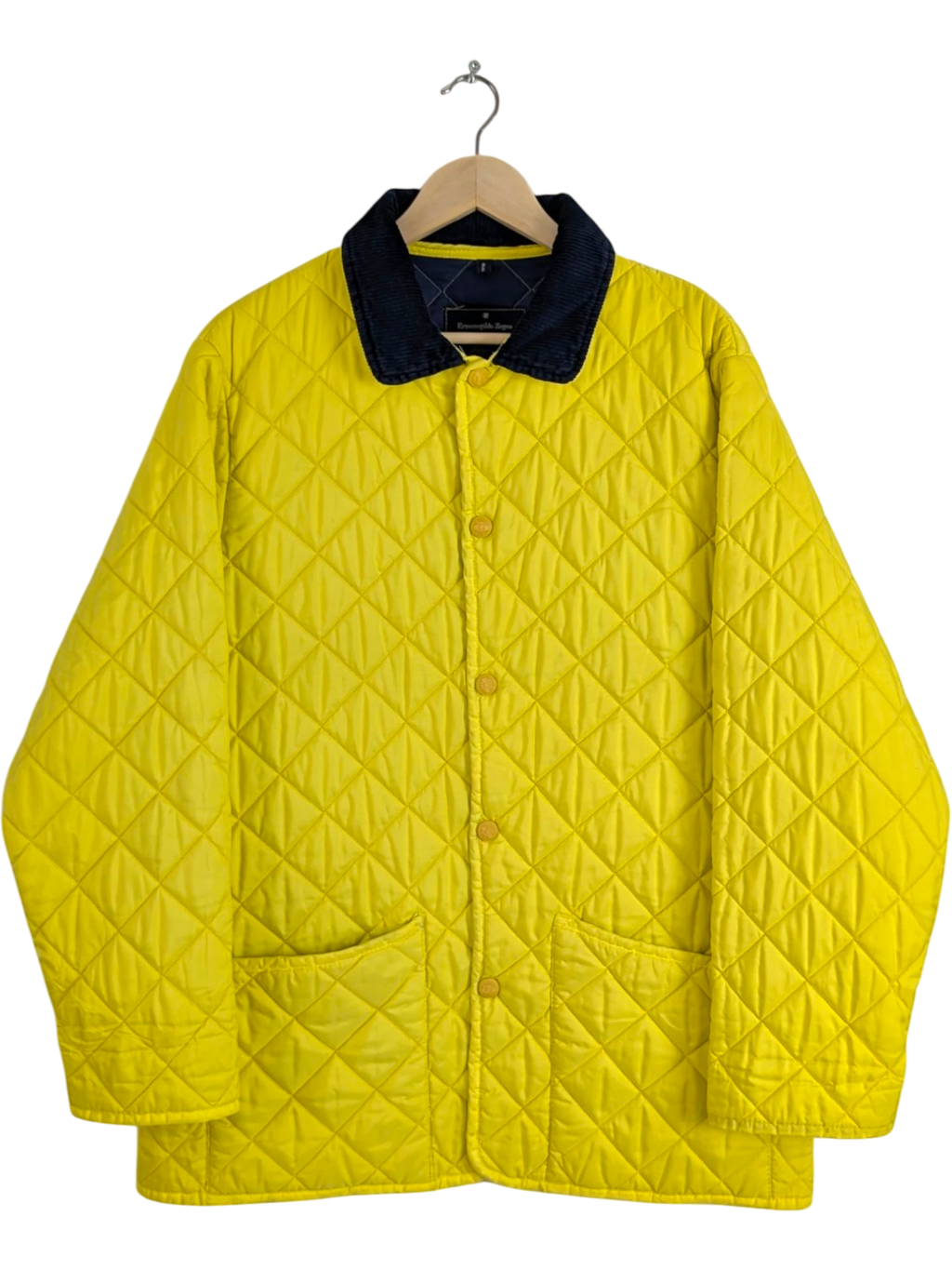 JAKE & IPI bright yellow quilted jacket with navy corduroy collar, size L. Diamond-quilted polyester with snap front and patch pockets.
