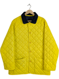 JAKE & IPI bright yellow quilted jacket with navy corduroy collar, size L. Diamond-quilted polyester with snap front and patch pockets.