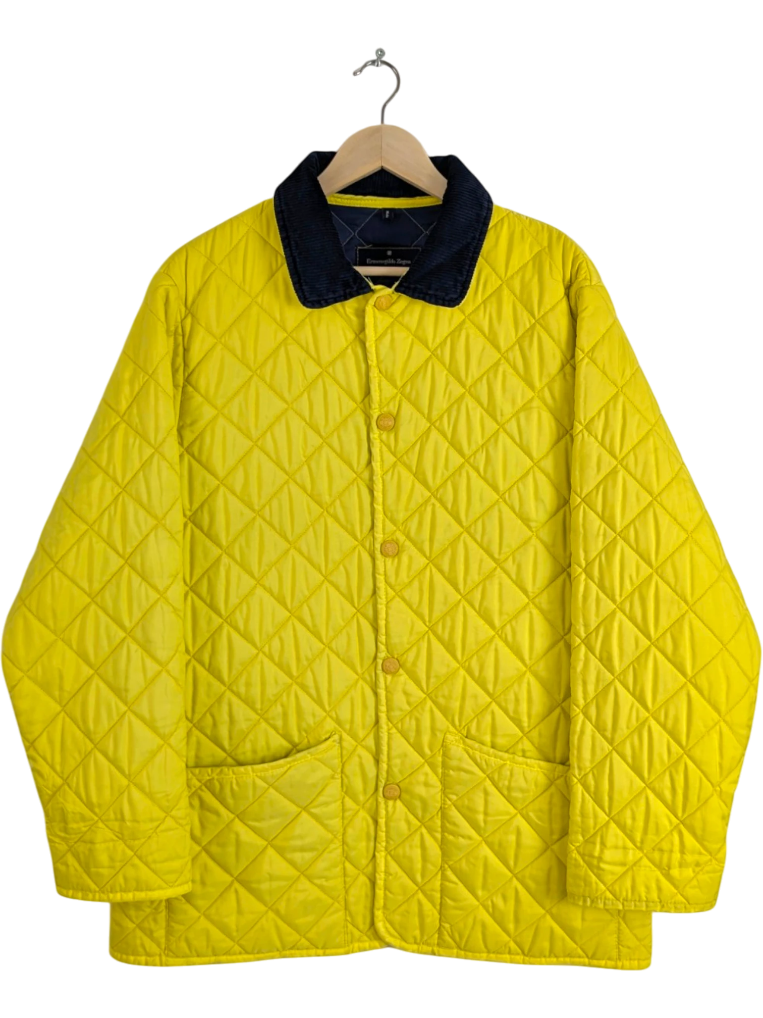 JAKE & IPI bright yellow quilted jacket with navy corduroy collar, size L. Diamond-quilted polyester with snap front and patch pockets.
