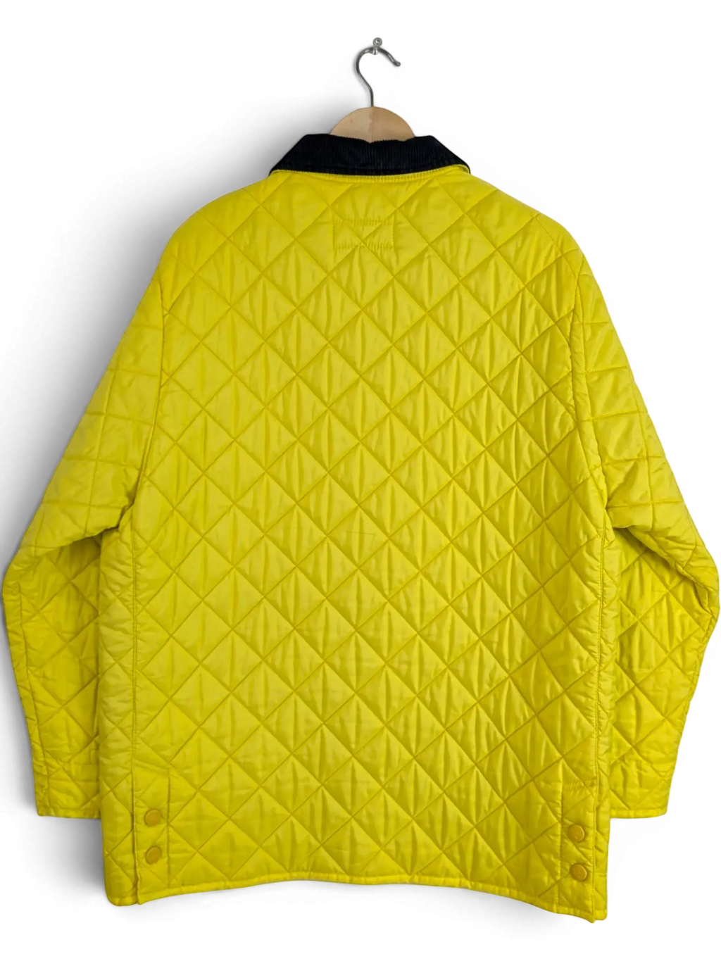 JAKE & IPI bright yellow quilted polyester jacket with navy corduroy collar, size L.