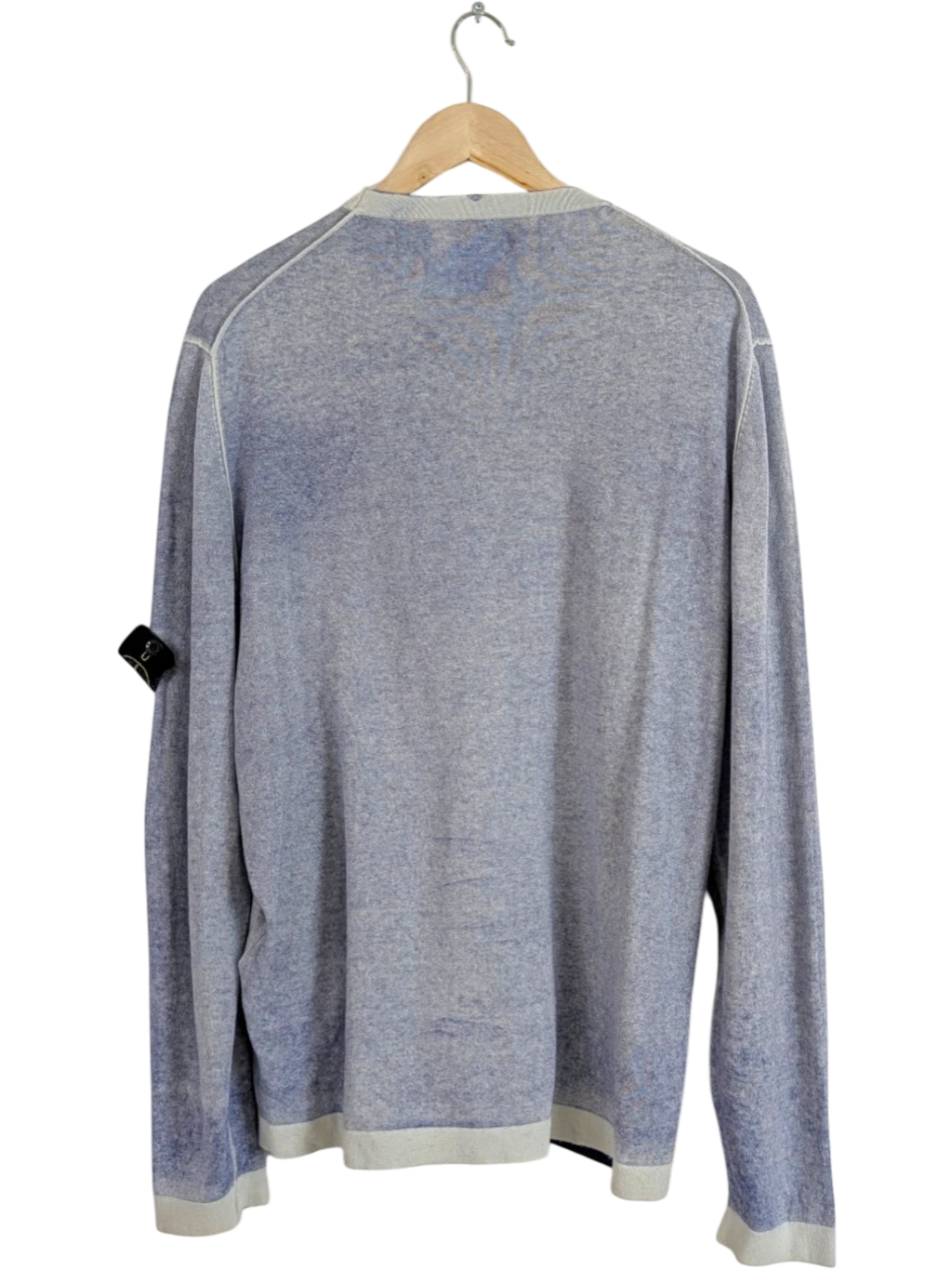 Stone Island blue mélange crewneck knit sweater with compass patch on sleeve and light grey ribbed trims. 100% cotton.