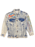 JAKE & IPI acid wash denim jacket featuring Alamo Boogies Diner graphic print on chest and sleeve