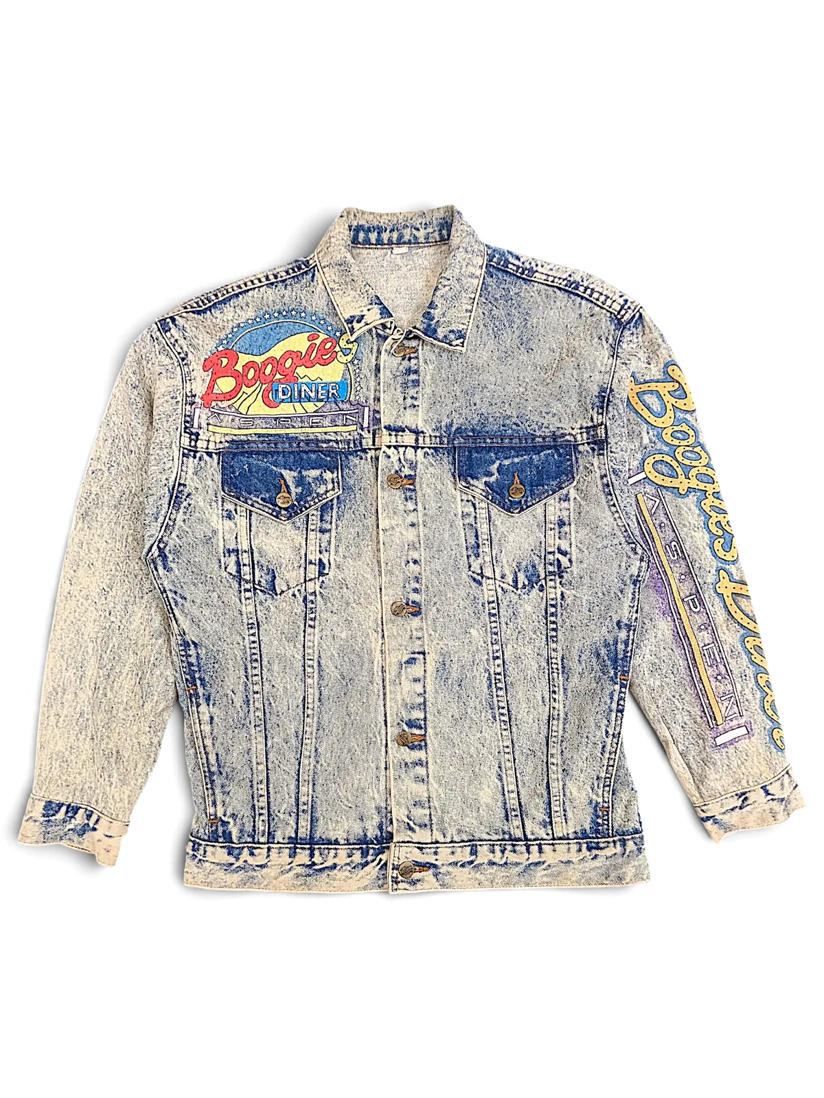 JAKE & IPI acid wash denim jacket featuring Alamo Boogies Diner graphic print on chest and sleeve