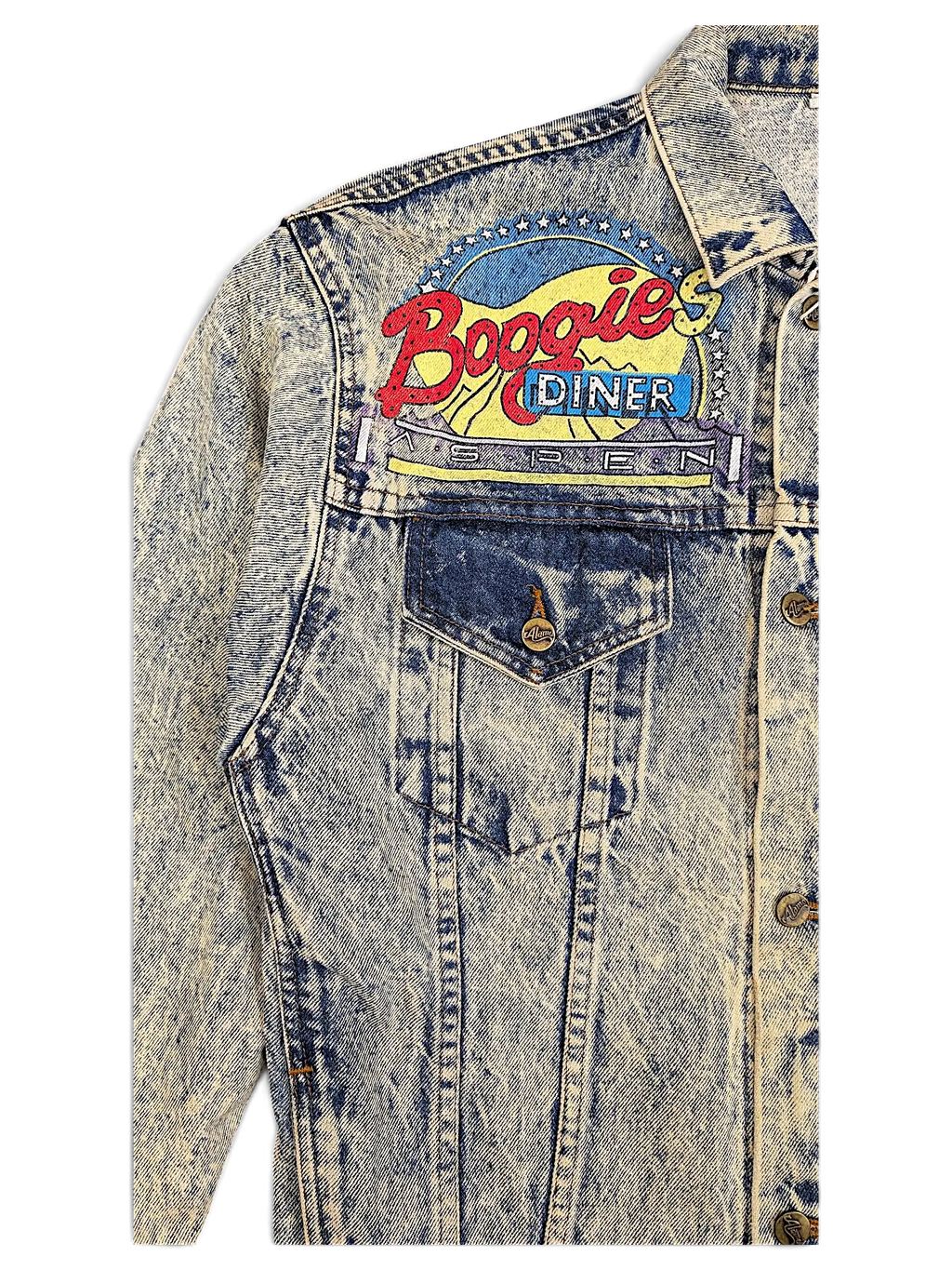 JAKE & IPI Alamo Boogies Diner acid wash denim jacket with embroidered vintage logo on the chest pocket