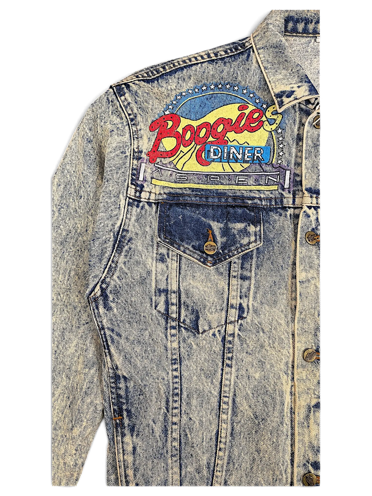 JAKE & IPI Alamo Boogies Diner acid wash denim jacket with embroidered vintage logo on the chest pocket