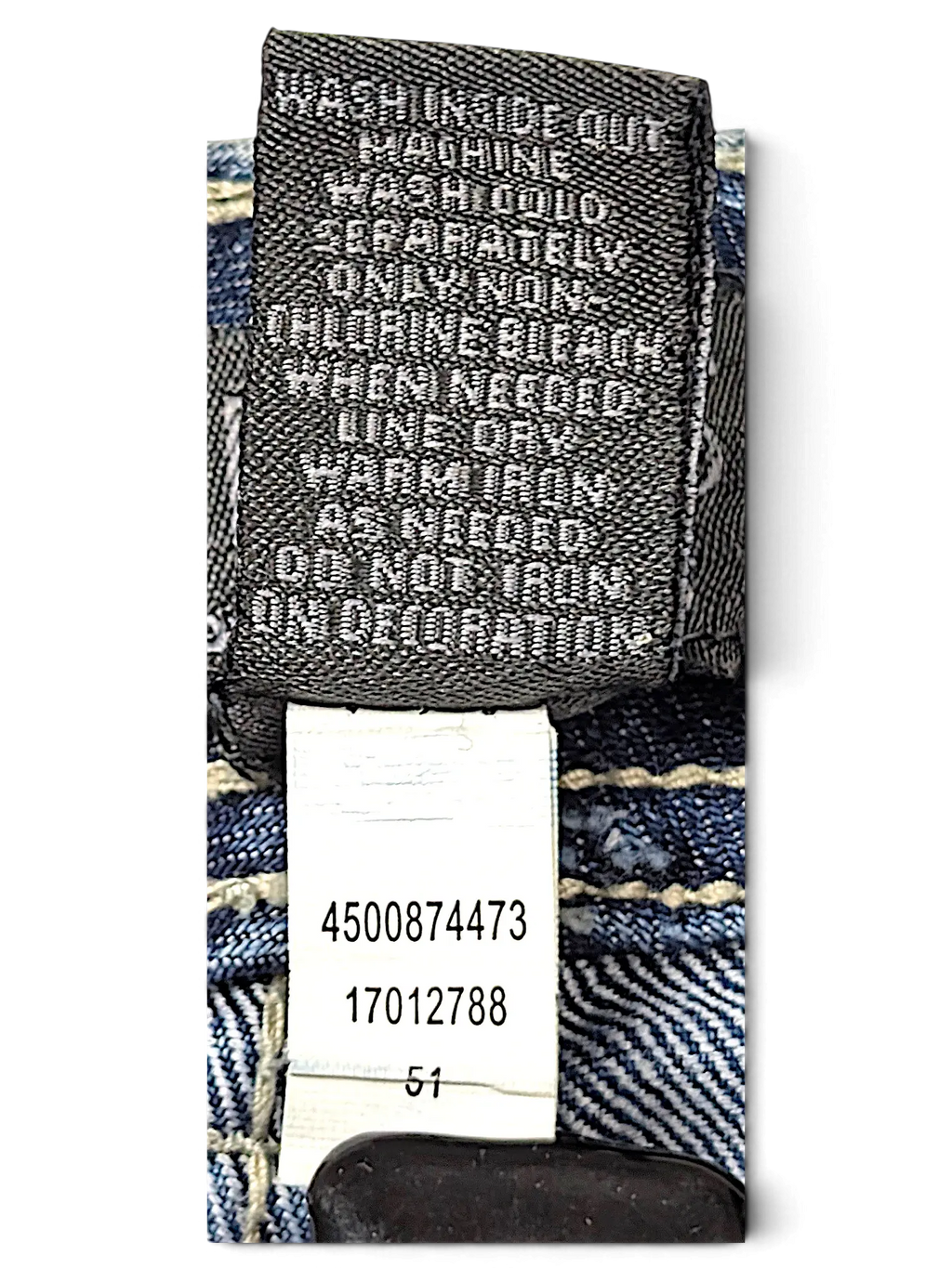 JAKE & IPI Additions by Chico's denim shorts care label and size tag showing washing instructions and serial numbers