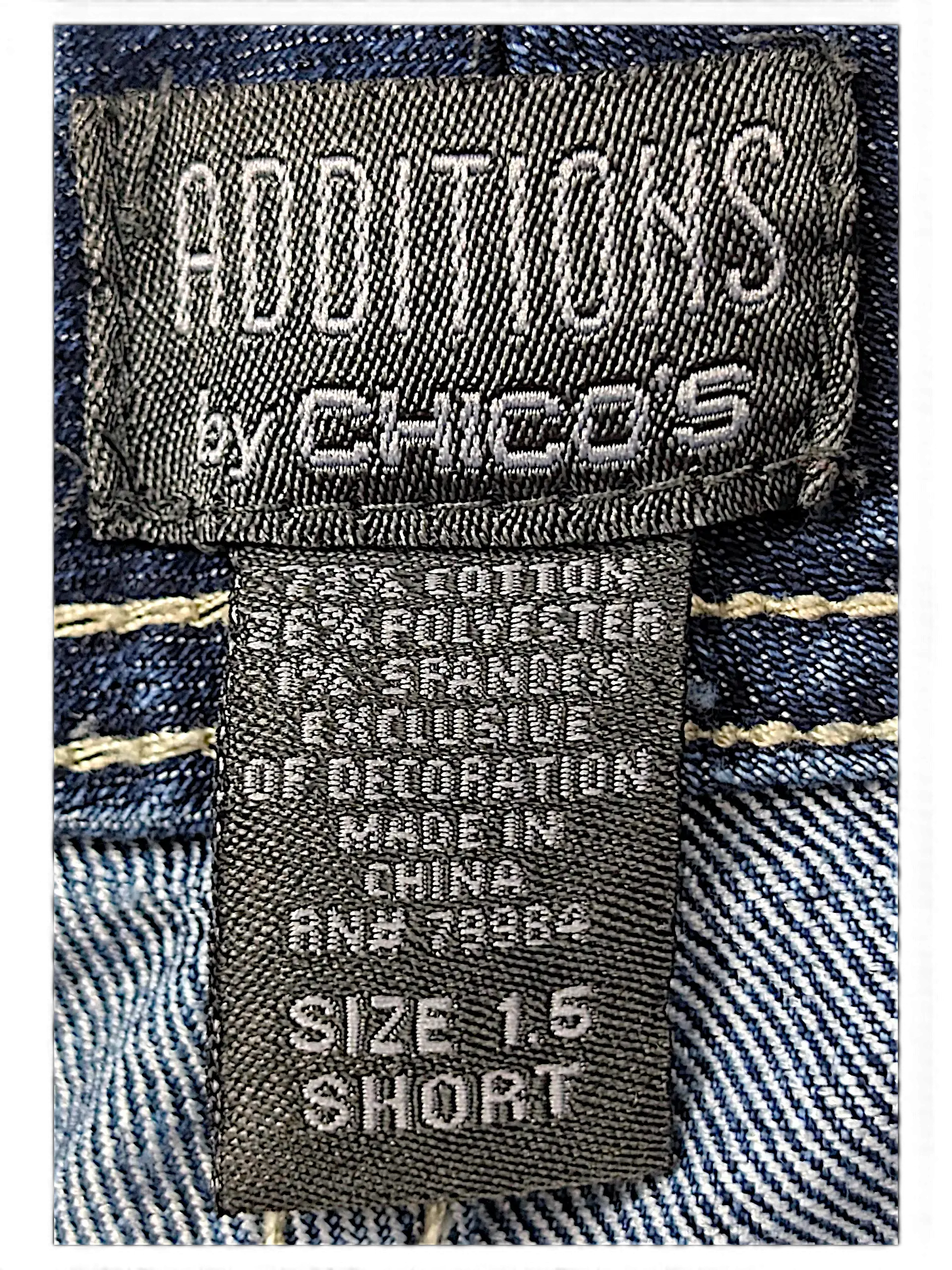 JAKE & IPI Additions by Chico's denim shorts size 1.5 clothing tag with fabric composition details