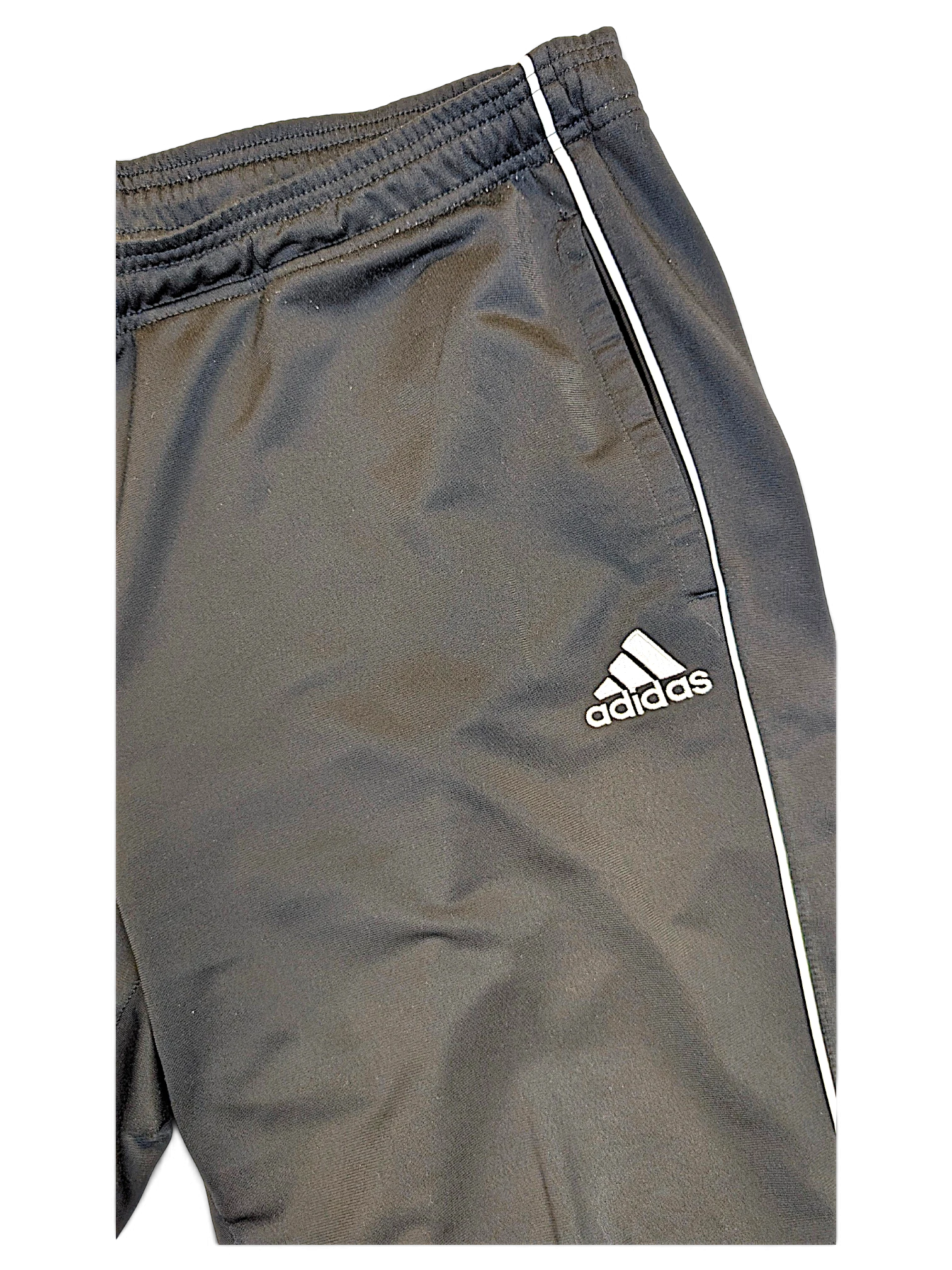 JAKE & IPI pre-owned black adidas track pants with white side stripe and embroidered logo detail