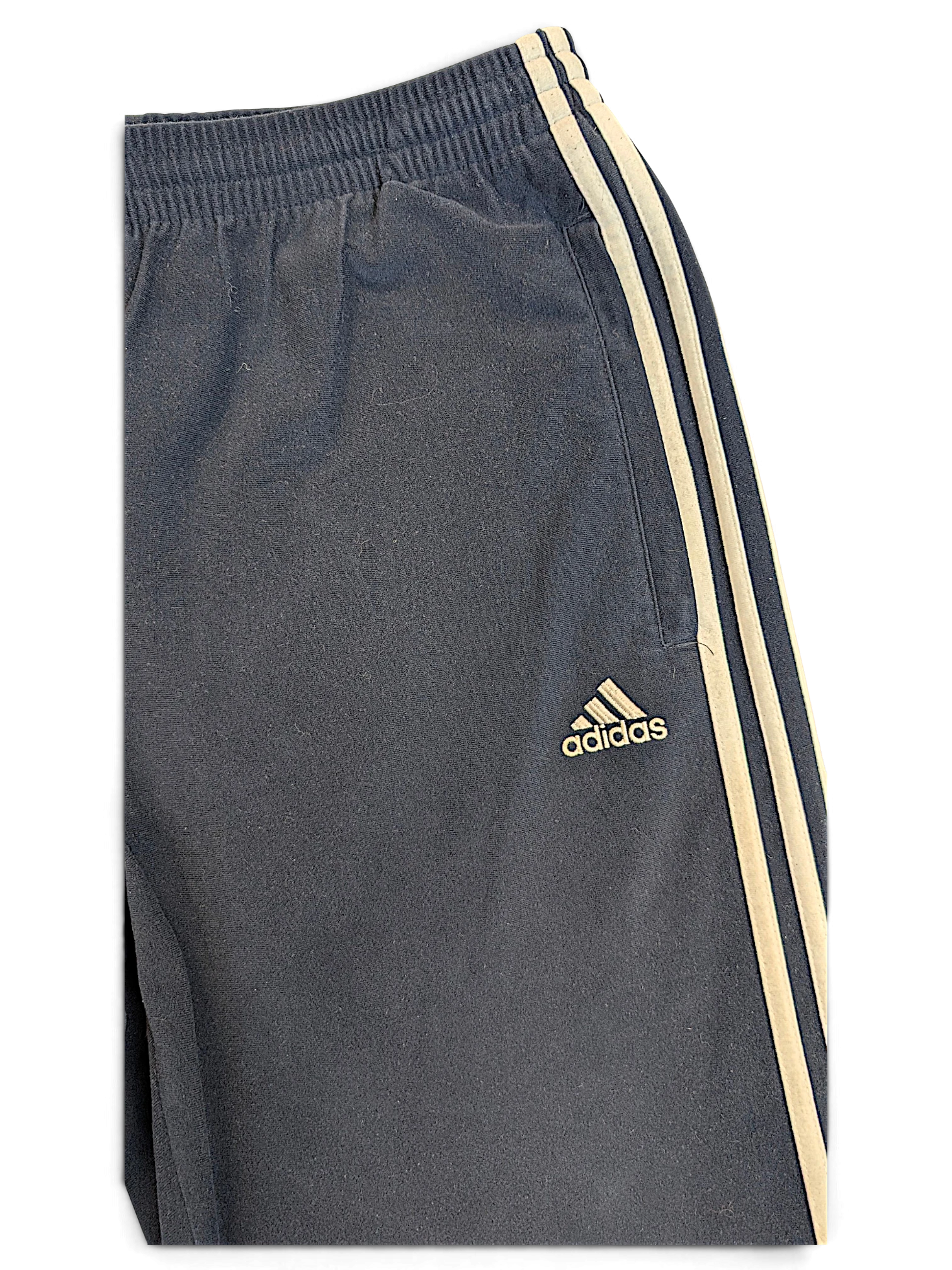 JAKE & IPI pre-owned blue adidas velour track pants with white side stripes and embroidered logo