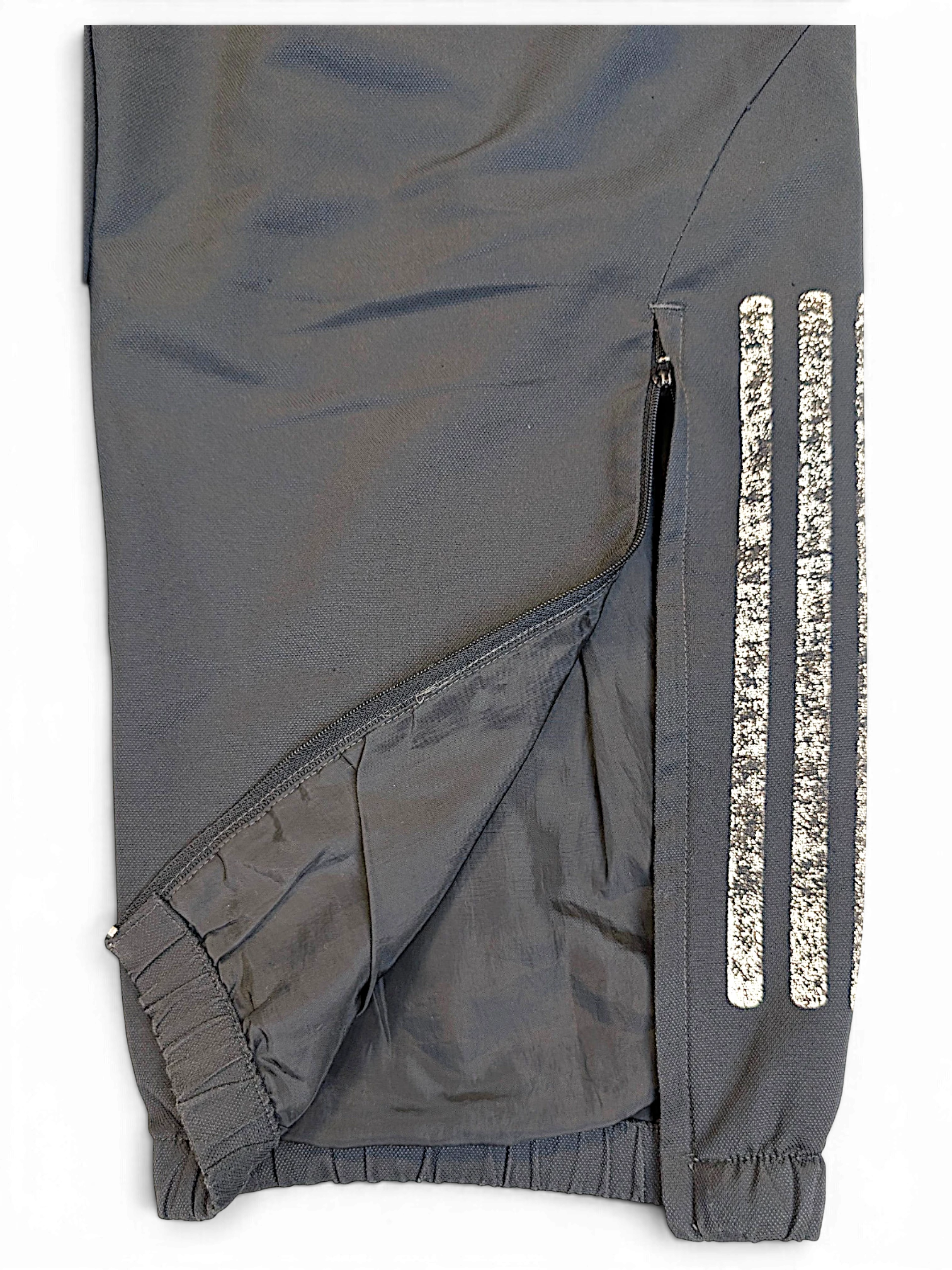 JAKE & IPI pre-owned adidas dark grey track pants with white distressed 3-stripes and zippered leg opening