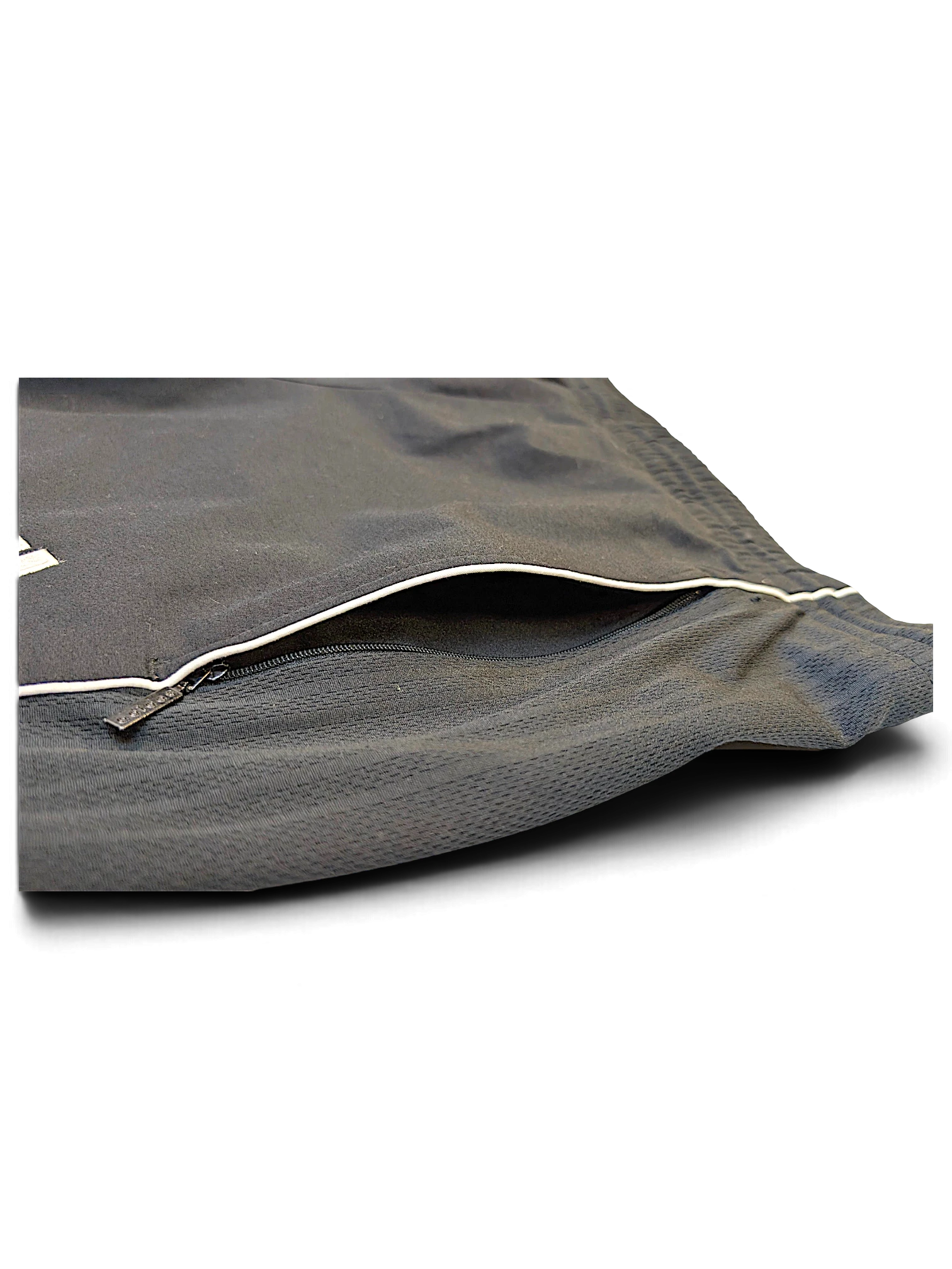 JAKE & IPI pre-owned adidas grey track pants featuring a detailed view of the zippered pocket and textured fabric