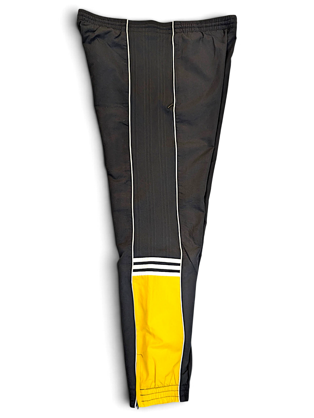 JAKE & IPI pre-owned adidas track pants in grey with yellow panels, white piping, and contrast branding.
