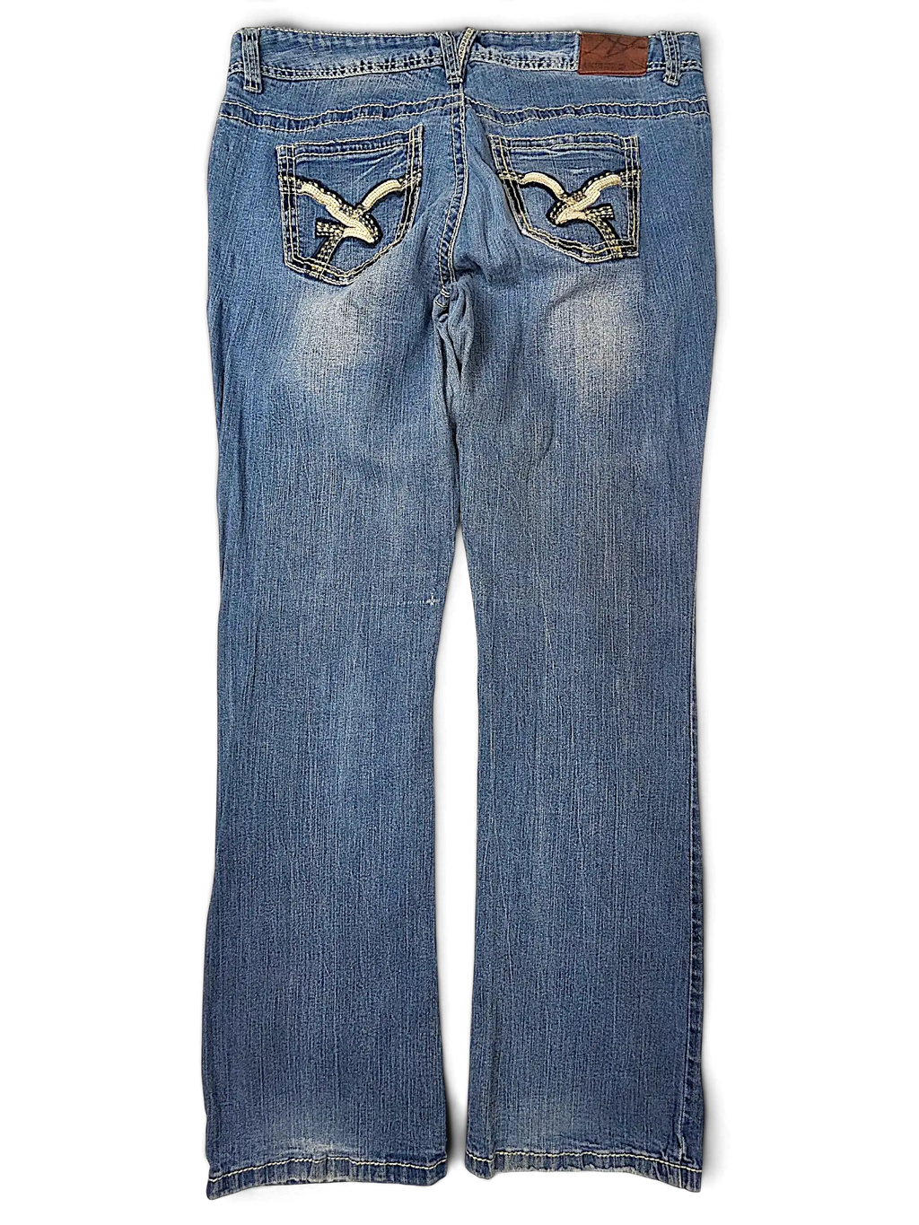 JAKE & IPI Amethyst Y2K blue denim jeans with decorative embroidered back pockets and light wash fading