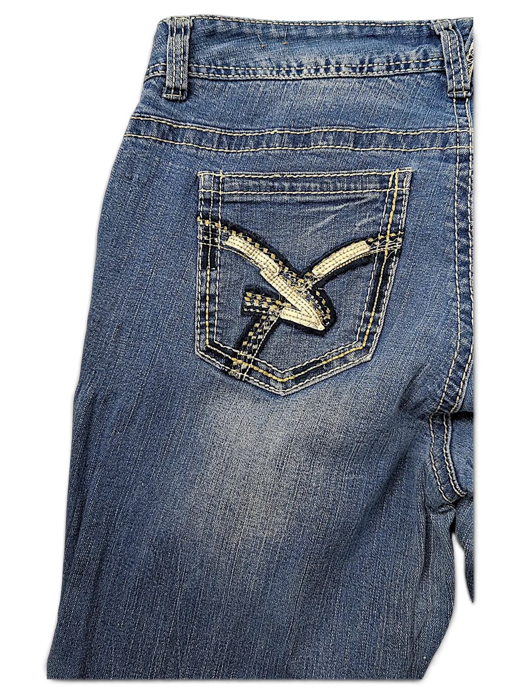 JAKE & IPI Amethyst Y2K jeans featuring a medium wash blue denim with a decorative stitched arrow back pocket design.