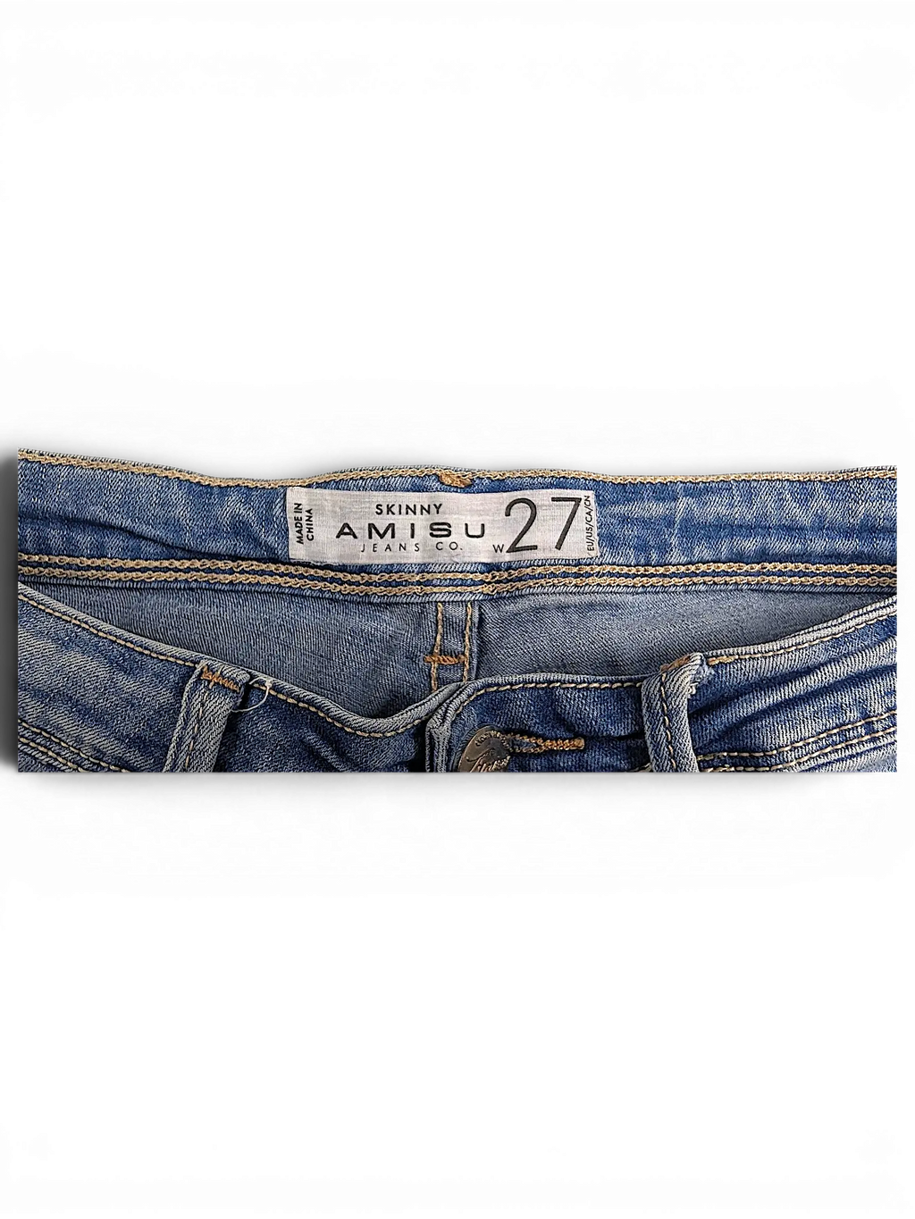 JAKE & IPI Amisu skinny jeans in blue denim with size W27 label detail