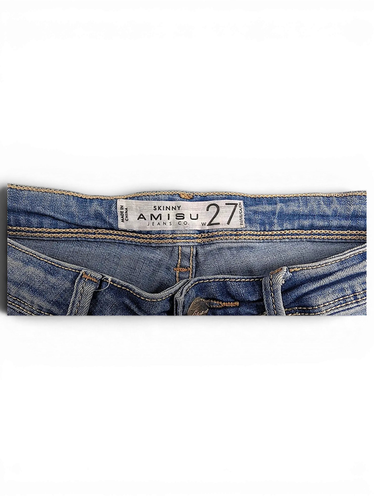 JAKE & IPI Amisu skinny jeans in blue denim with size W27 label detail