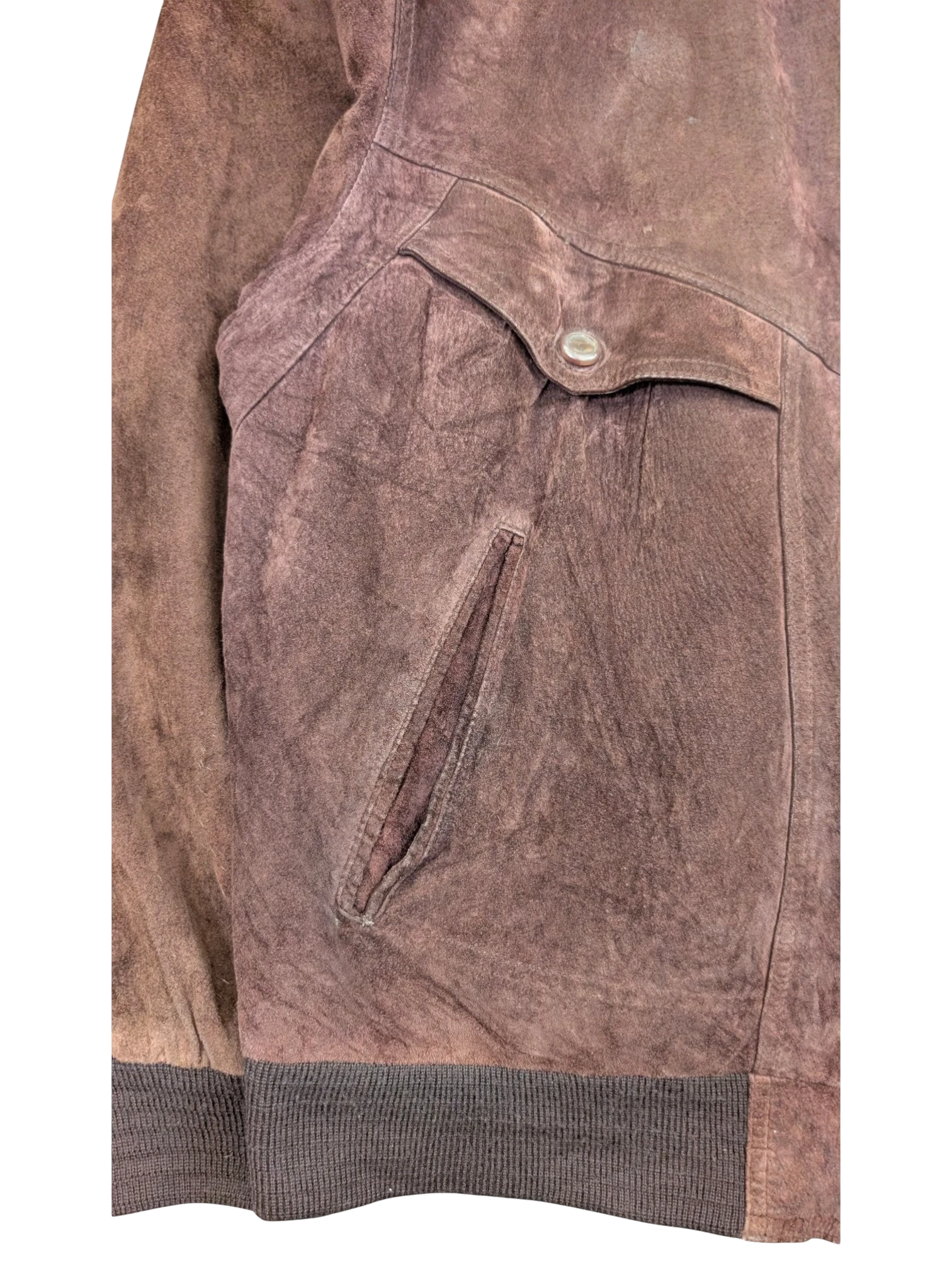 JAKE & IPI Angelo Litrico brown suede leather bomber jacket with button flap pocket and ribbed cuffs.