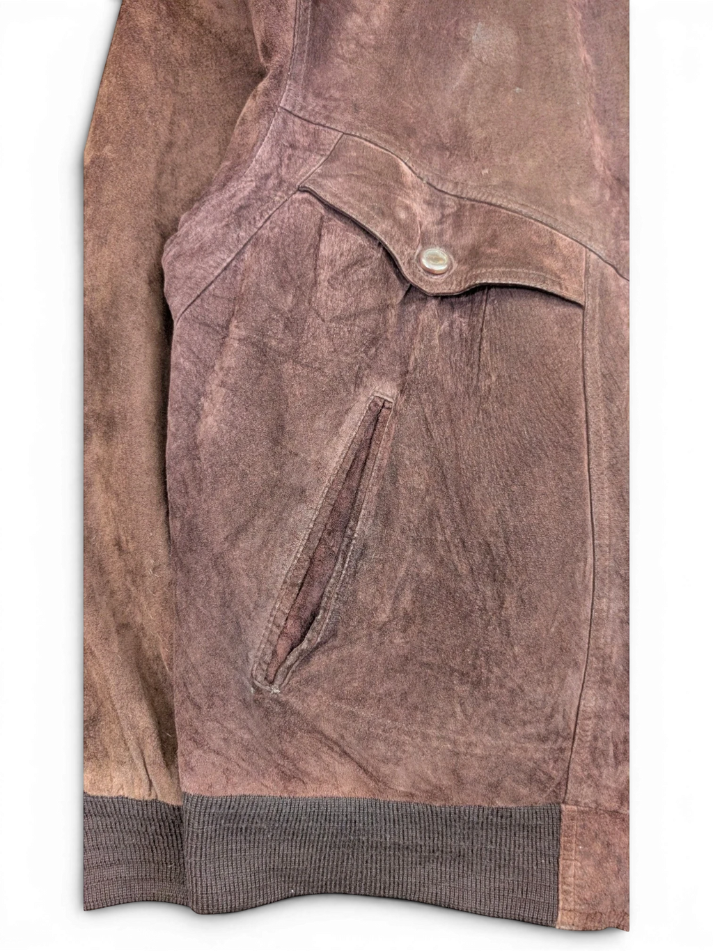 JAKE & IPI Angelo Litrico brown suede leather bomber jacket with button flap pocket and ribbed cuffs.