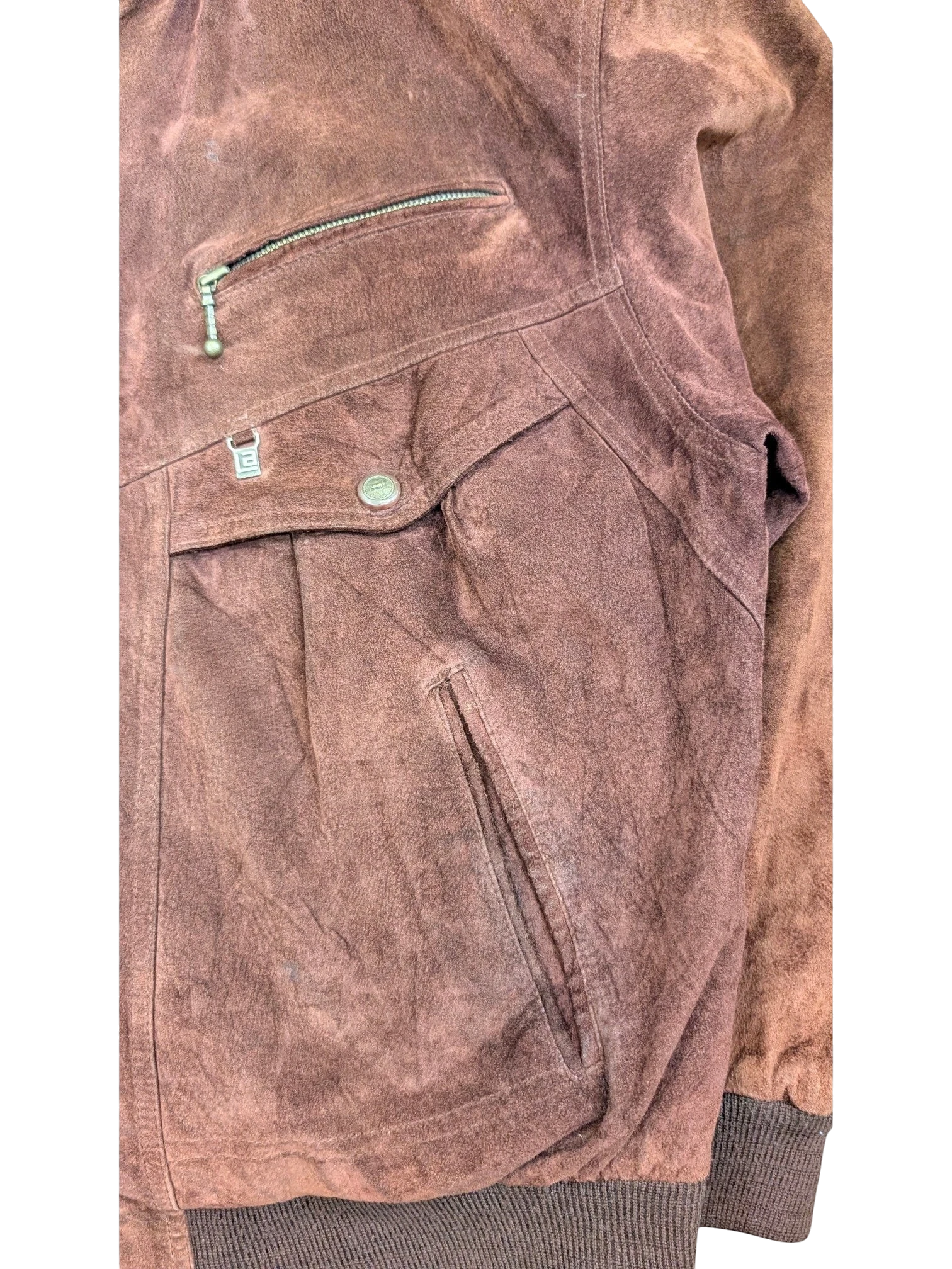 JAKE & IPI Angelo Litrico brown distressed leather bomber jacket with zip pocket and button flap pocket.