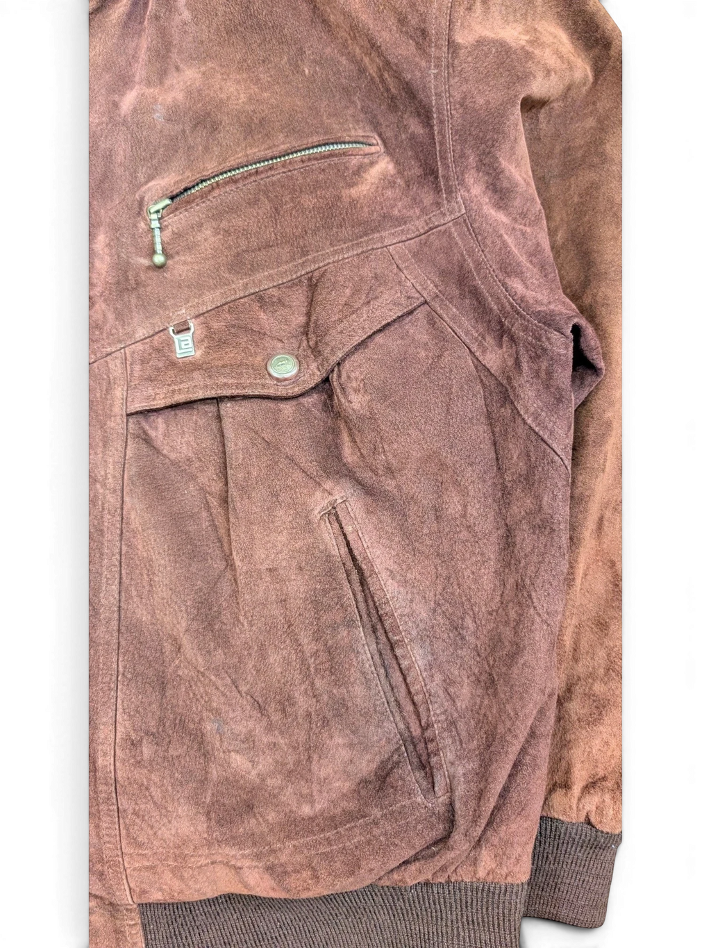 JAKE & IPI Angelo Litrico brown distressed leather bomber jacket with zip pocket and button flap pocket.