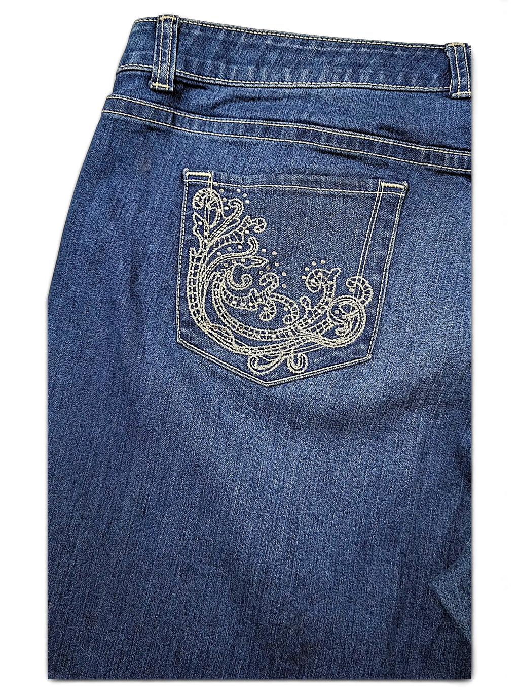 JAKE & IPI APT. 9 plus size 20W blue denim capri jeans featuring intricate white embroidery on the back pocket.
