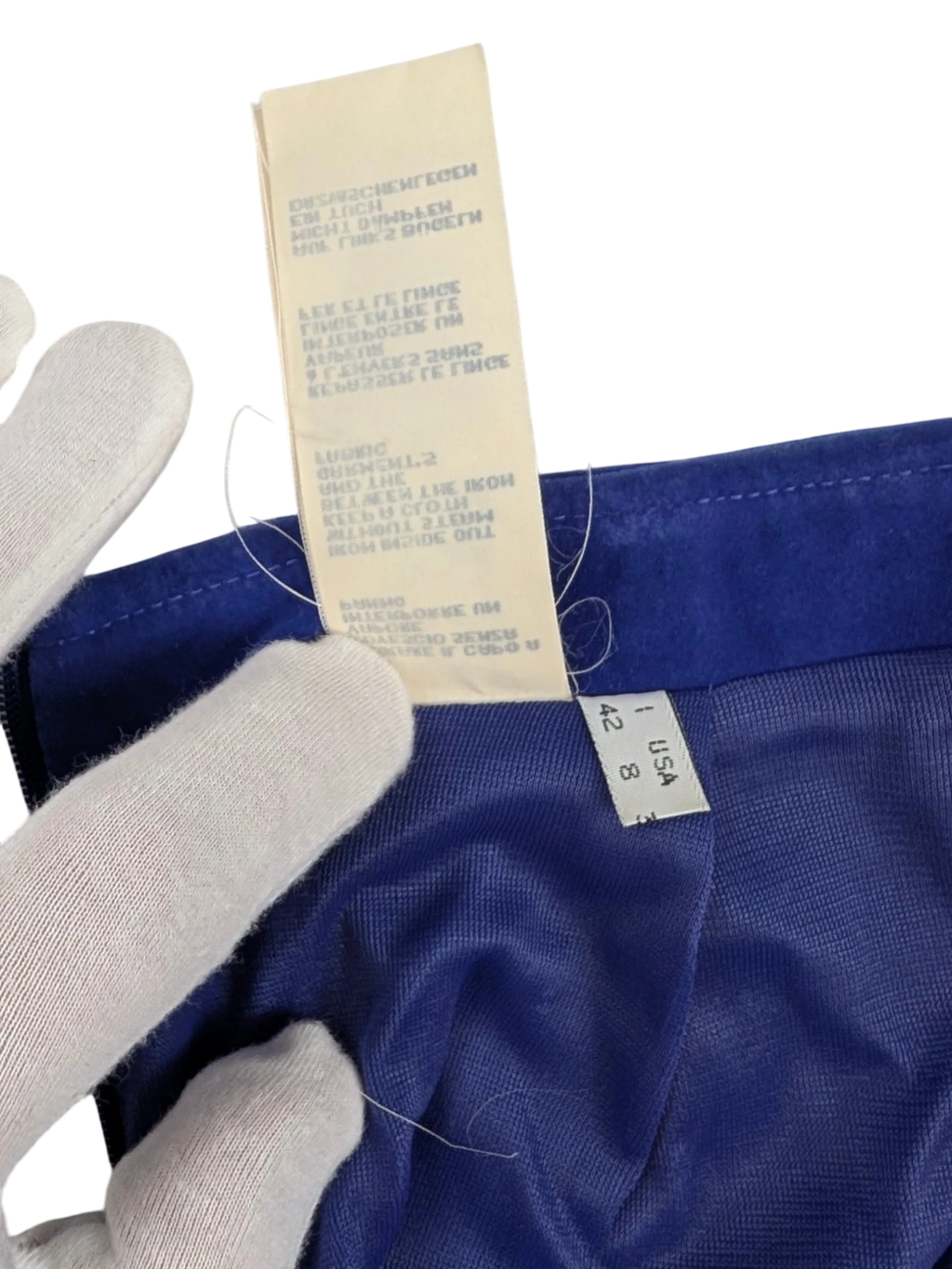 JAKE & IPI vintage Armani Jeans cobalt blue mini skirt, A-line, back zip, patch pocket, stretch technical fabric, IT 42