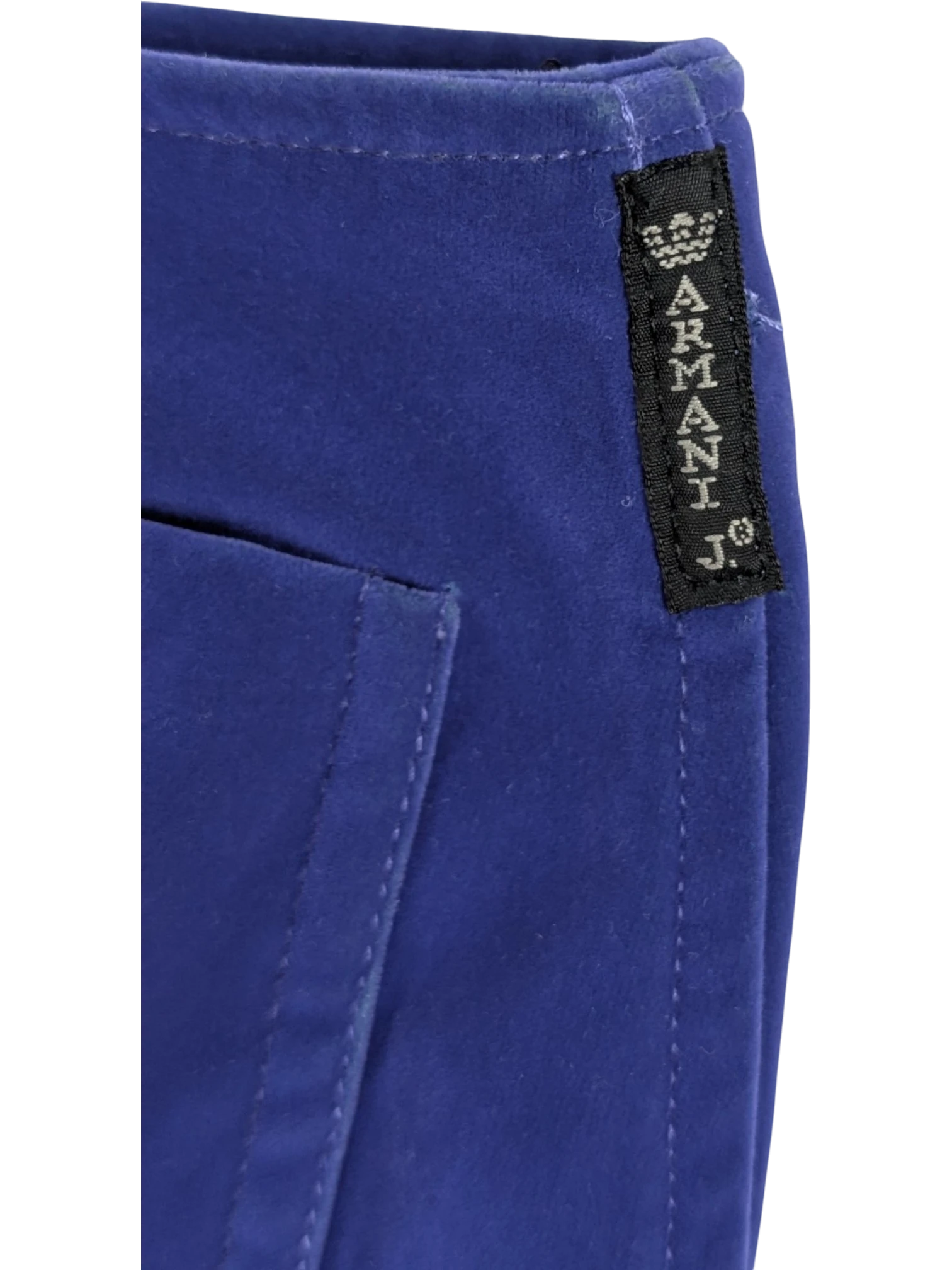 JAKE & IPI vintage Armani Jeans cobalt blue mini skirt, A-line, back zip, patch pocket, stretch technical fabric