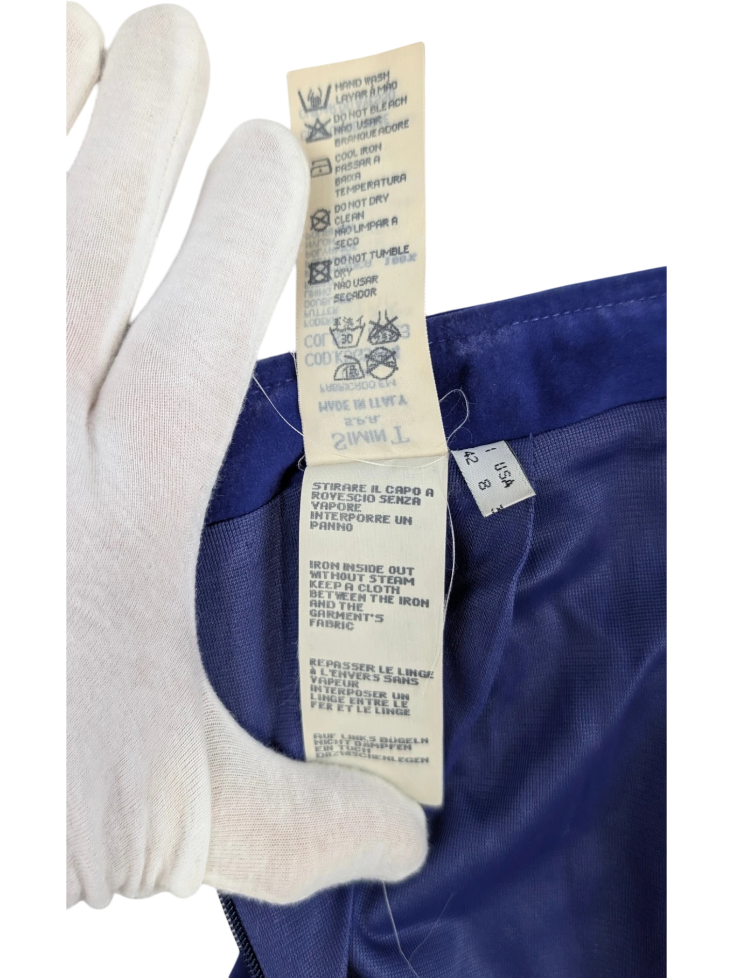 JAKE & IPI vintage Armani Jeans cobalt blue mini skirt, A-line, back zip, patch pocket, stretch technical fabric, IT 42