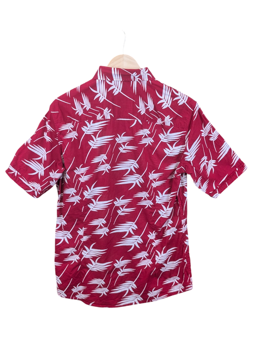 JAKE & IPI Armani Jeans short-sleeve Hawaiian shirt in maroon with a white tropical leaf pattern on a hanger