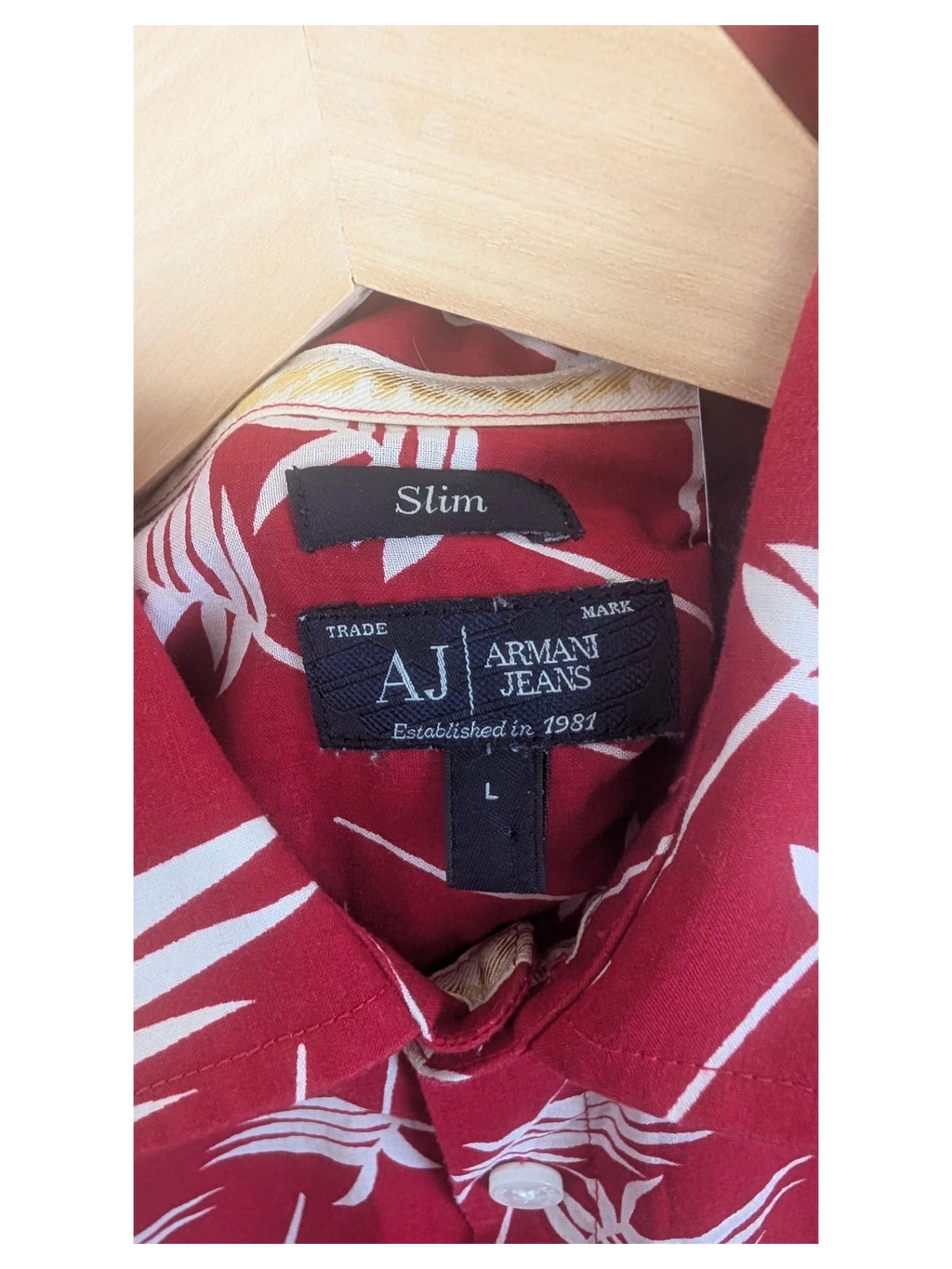 JAKE & IPI Armani Jeans slim fit Hawaiian shirt in red with white tropical leaf print and branded neck label