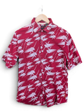 JAKE & IPI Armani Jeans red short-sleeve button-down shirt featuring a white tropical leaf print on a hanger.