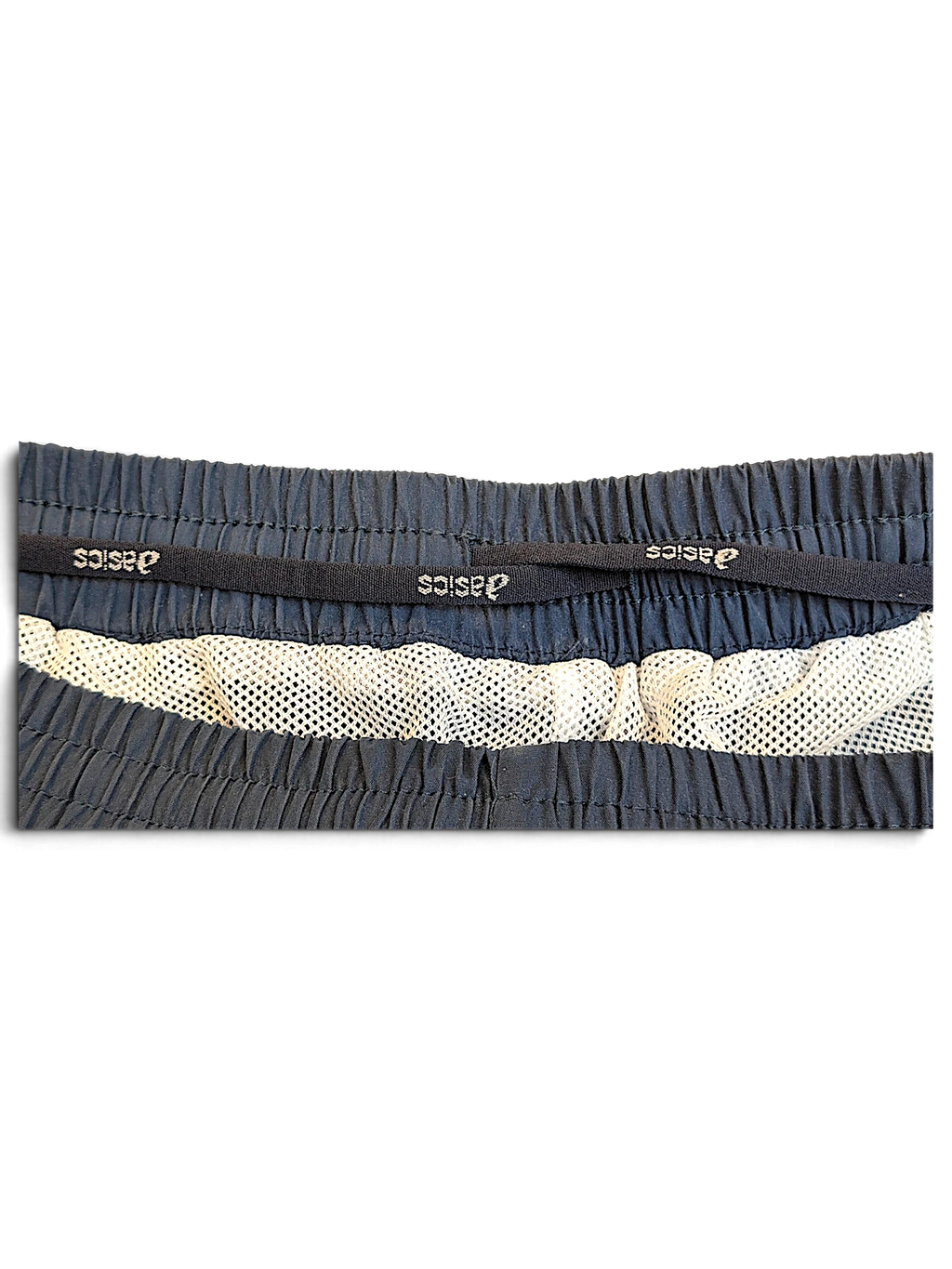 JAKE & IPI ASICS light blue track pants waistband with branded drawstring and white mesh lining detail