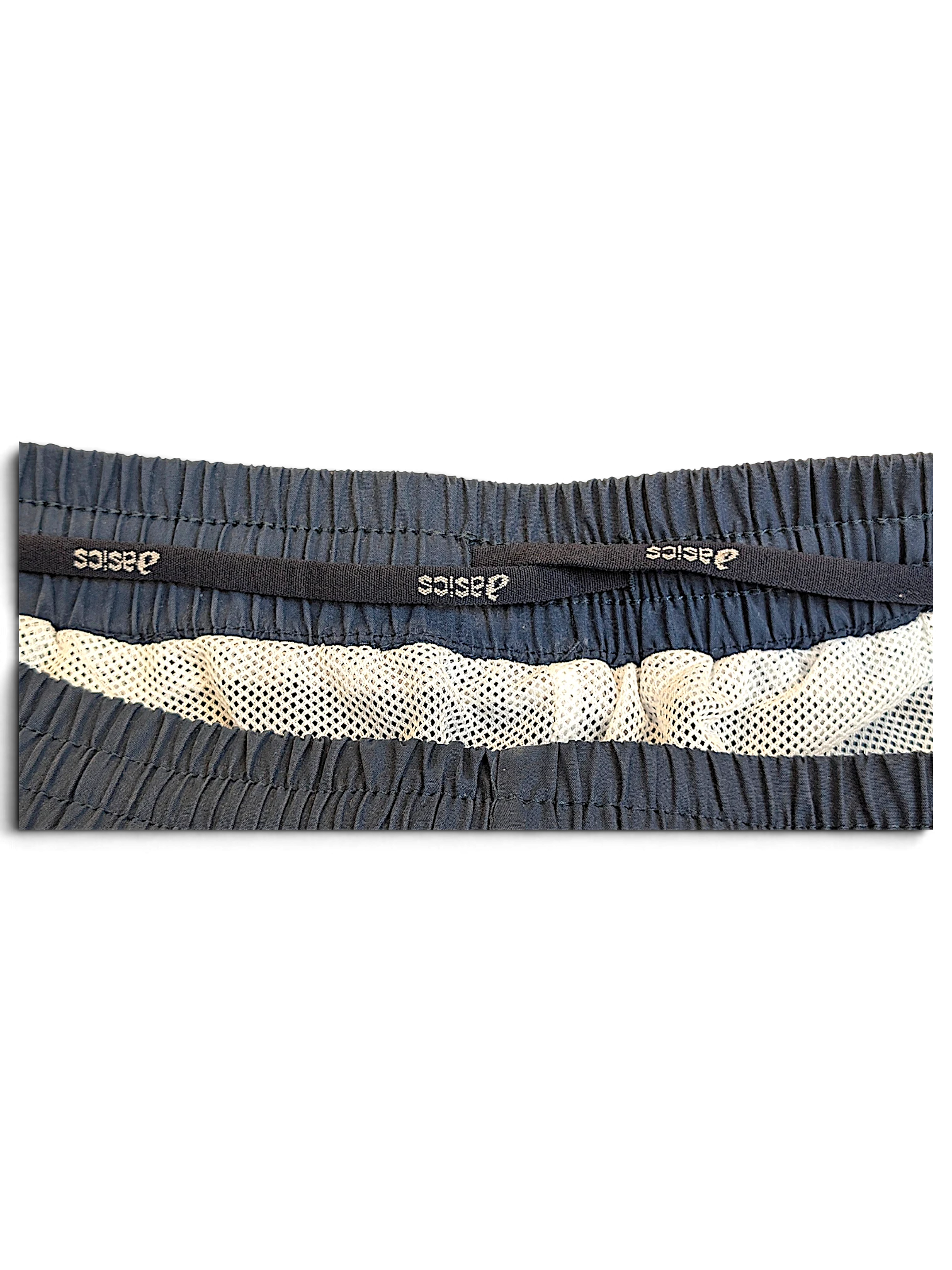 JAKE & IPI ASICS light blue track pants waistband with branded drawstring and white mesh lining detail