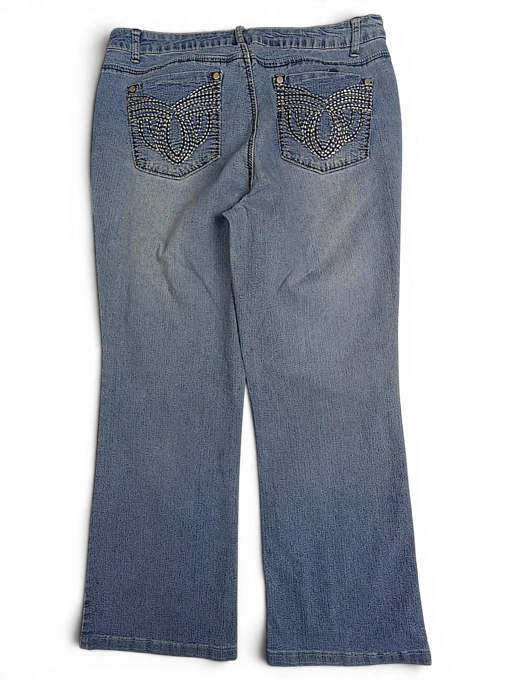 JAKE & IPI Baccini straight leg jeans in light blue denim with decorative rhinestone embellishments on back pockets