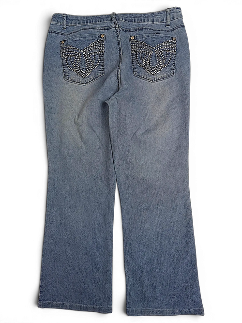 JAKE & IPI Baccini straight leg jeans in light blue denim with decorative rhinestone embellishments on back pockets
