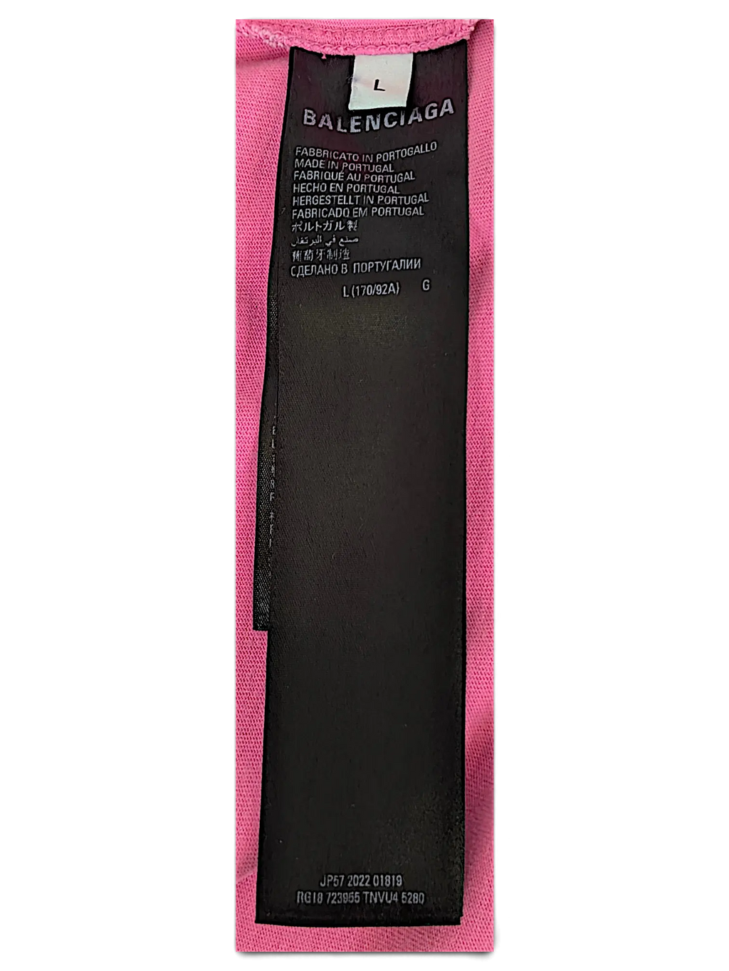 JAKE & IPI Balenciaga x Adidas pink T-shirt interior care label with size L and manufacturing details