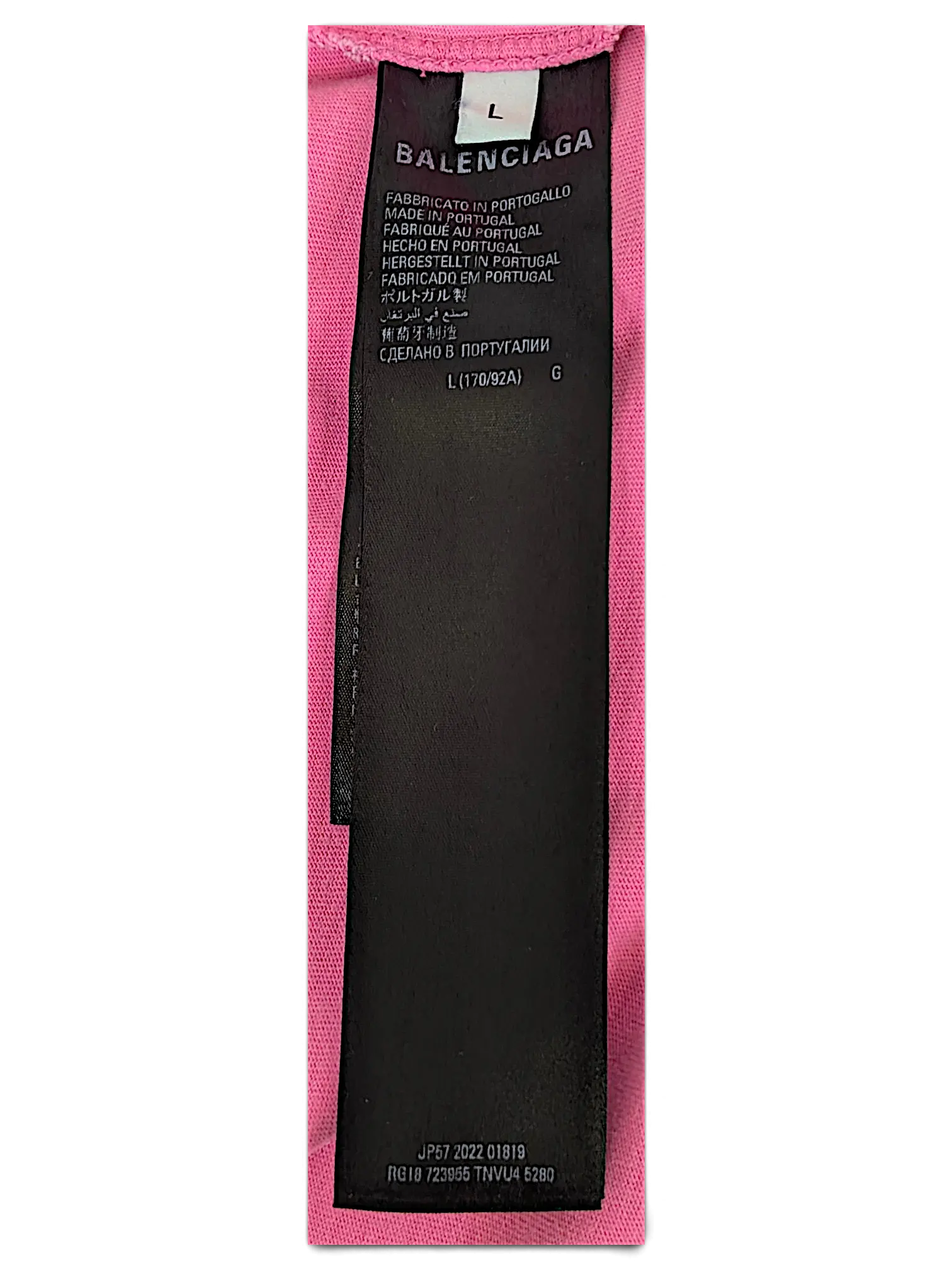 JAKE & IPI Balenciaga x Adidas pink T-shirt interior care label with size L and manufacturing details