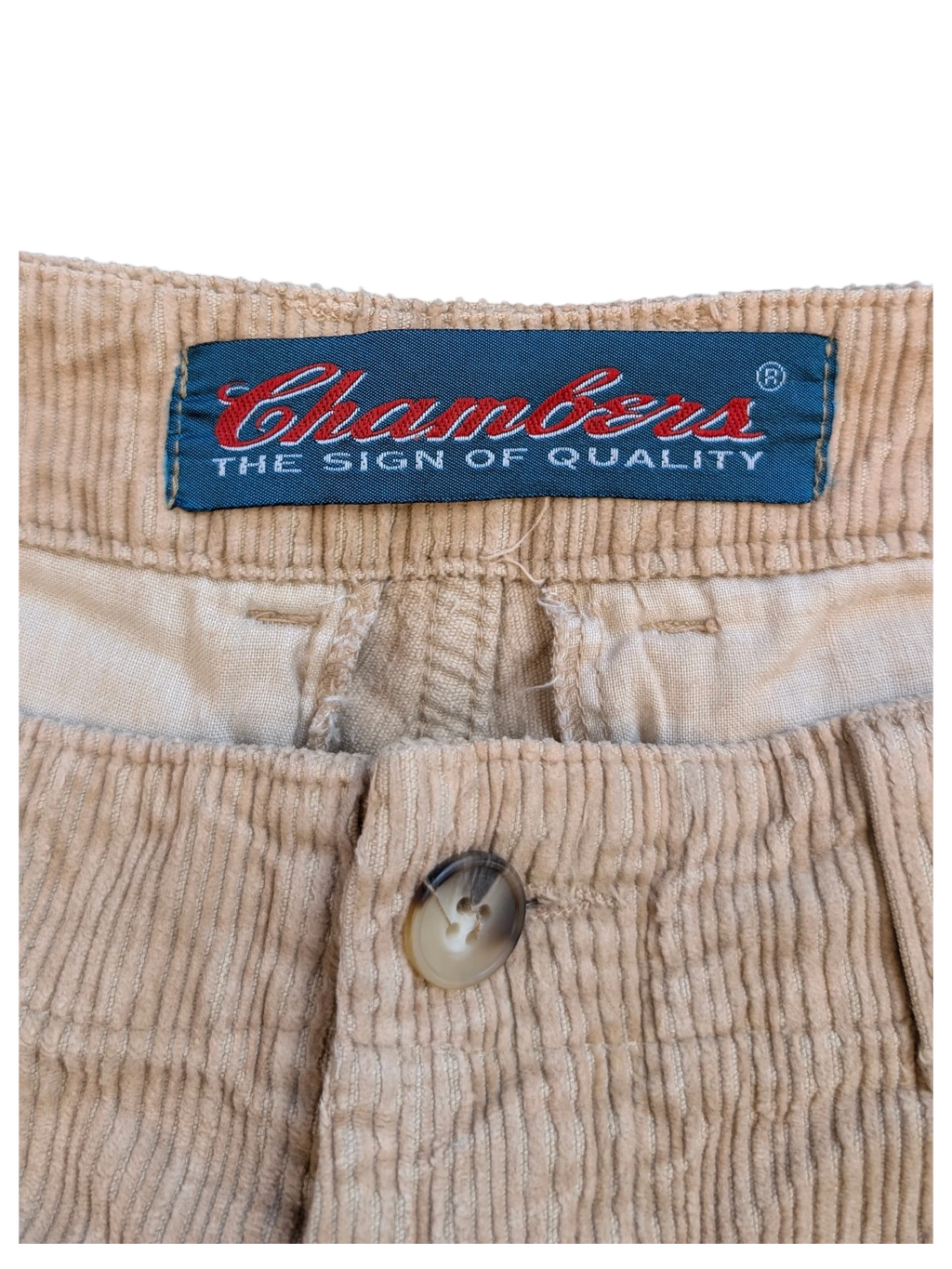 JAKE & IPI beige corduroy cargo pants with button closure and Chambers brand tag.