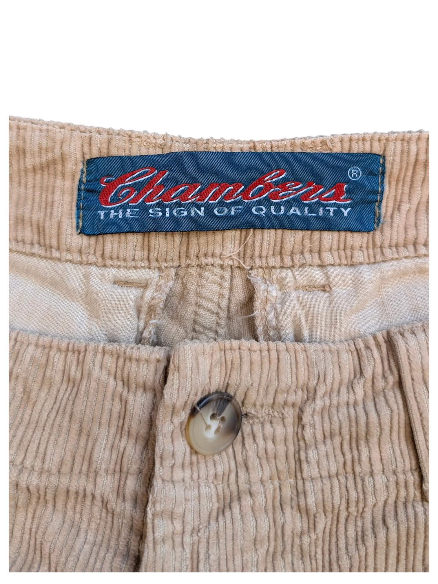 JAKE & IPI beige corduroy cargo pants with button closure and Chambers brand tag.