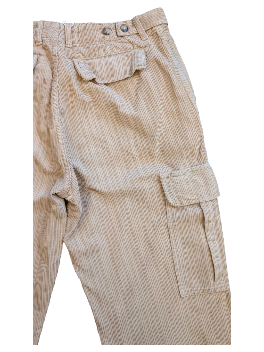 JAKE & IPI beige corduroy cargo pants with button flap pockets and adjustable waist tabs.