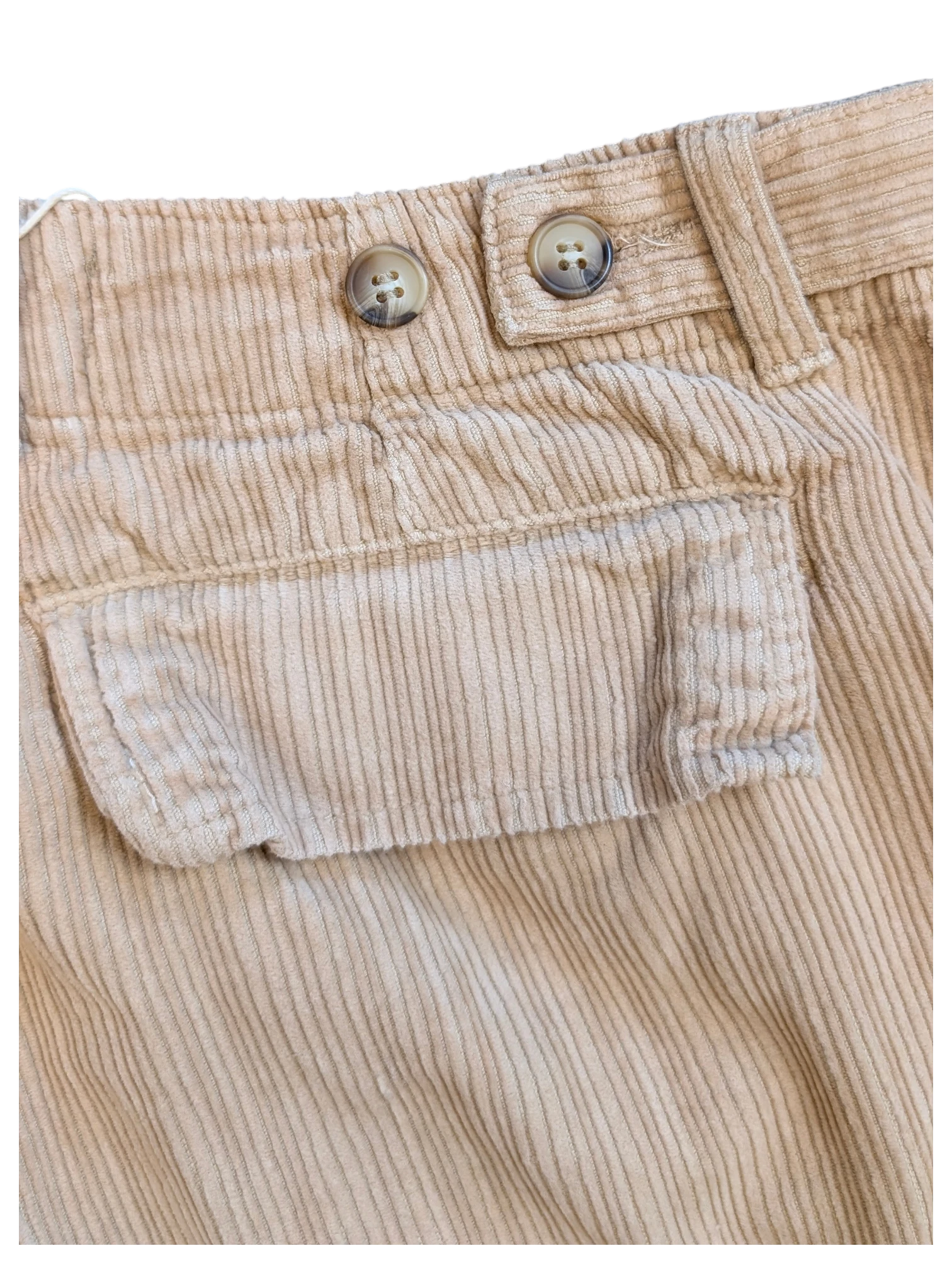 JAKE & IPI beige corduroy cargo pants with button closure and flap pocket detail.